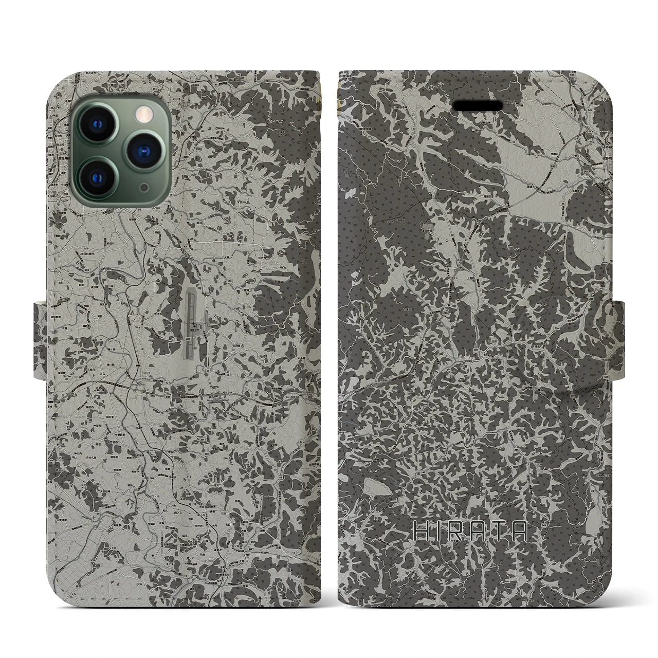 【平田(福島県)】地図柄iPhoneケース(手帳タイプ)モノトーン・iPhone 11 Pro 用