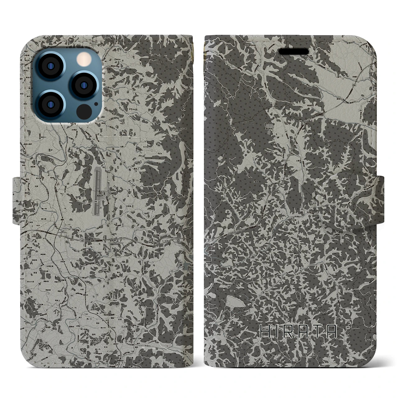 【平田(福島県)】地図柄iPhoneケース(手帳タイプ)モノトーン・iPhone 12 / 12 Pro 用