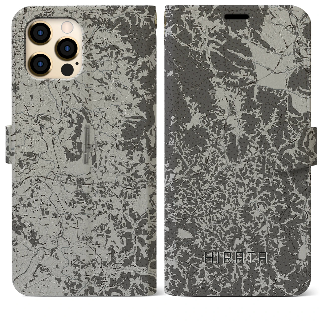【平田(福島県)】地図柄iPhoneケース(手帳タイプ)モノトーン・iPhone 12 Pro Max 用