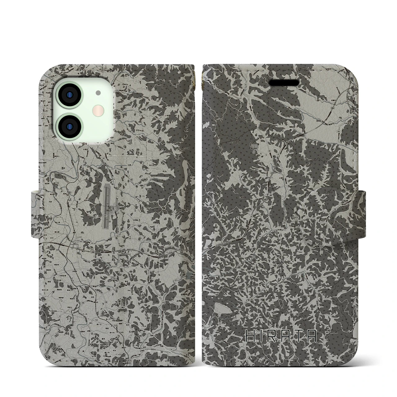 【平田(福島県)】地図柄iPhoneケース(手帳タイプ)モノトーン・iPhone 12 mini 用