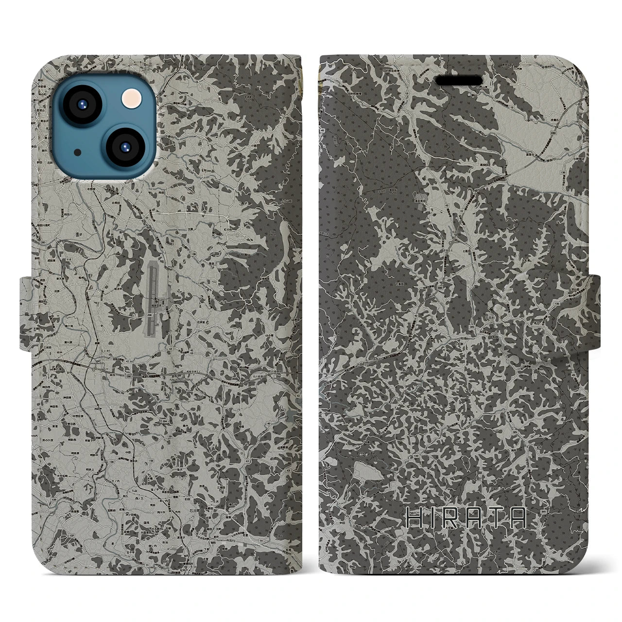 【平田(福島県)】地図柄iPhoneケース(手帳タイプ)モノトーン・iPhone 13 用