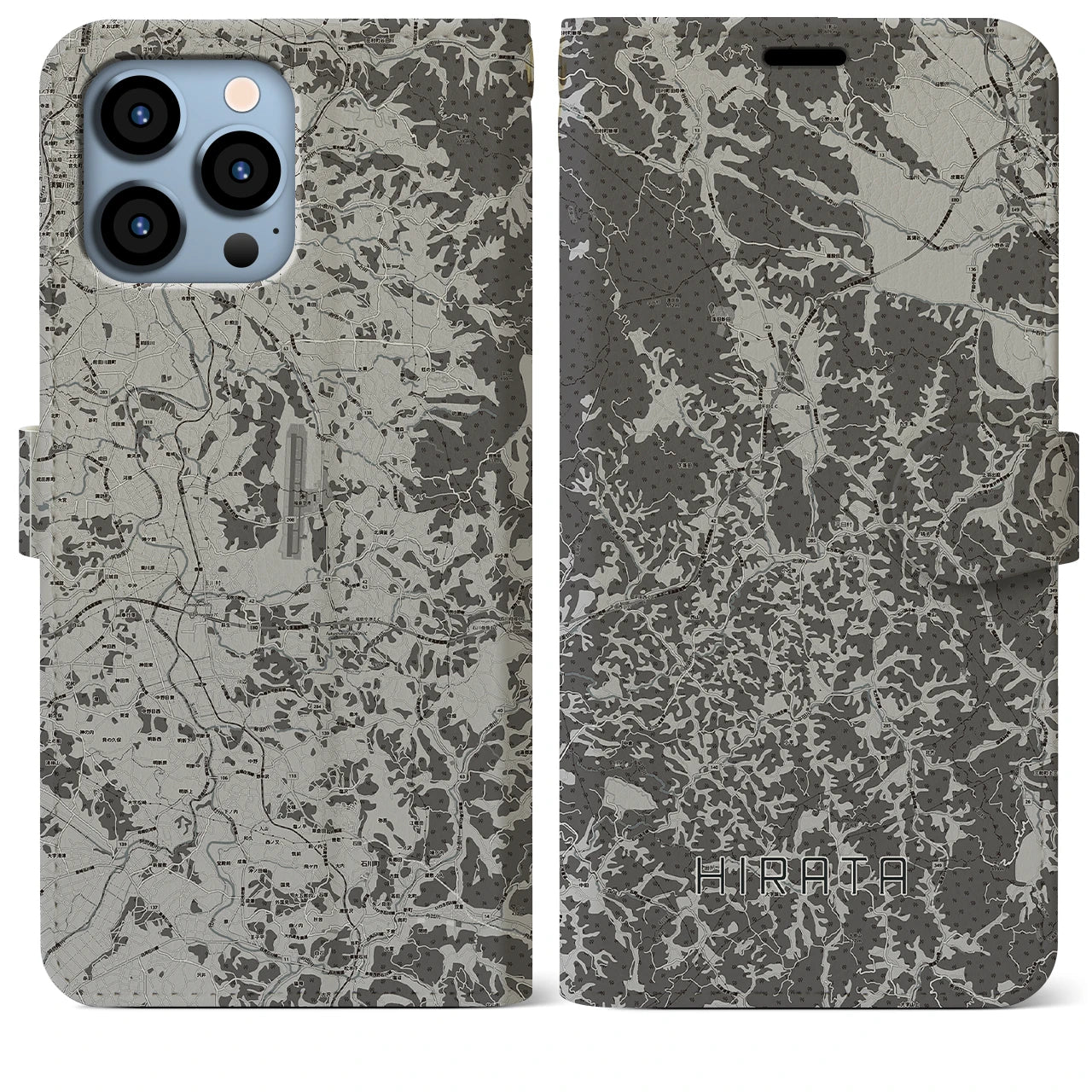 【平田(福島県)】地図柄iPhoneケース(手帳タイプ)モノトーン・iPhone 13 Pro Max 用