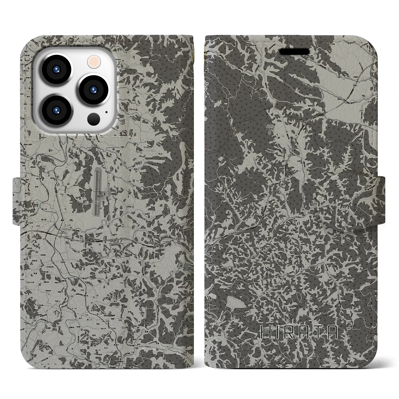 【平田(福島県)】地図柄iPhoneケース(手帳タイプ)モノトーン・iPhone 13 Pro 用