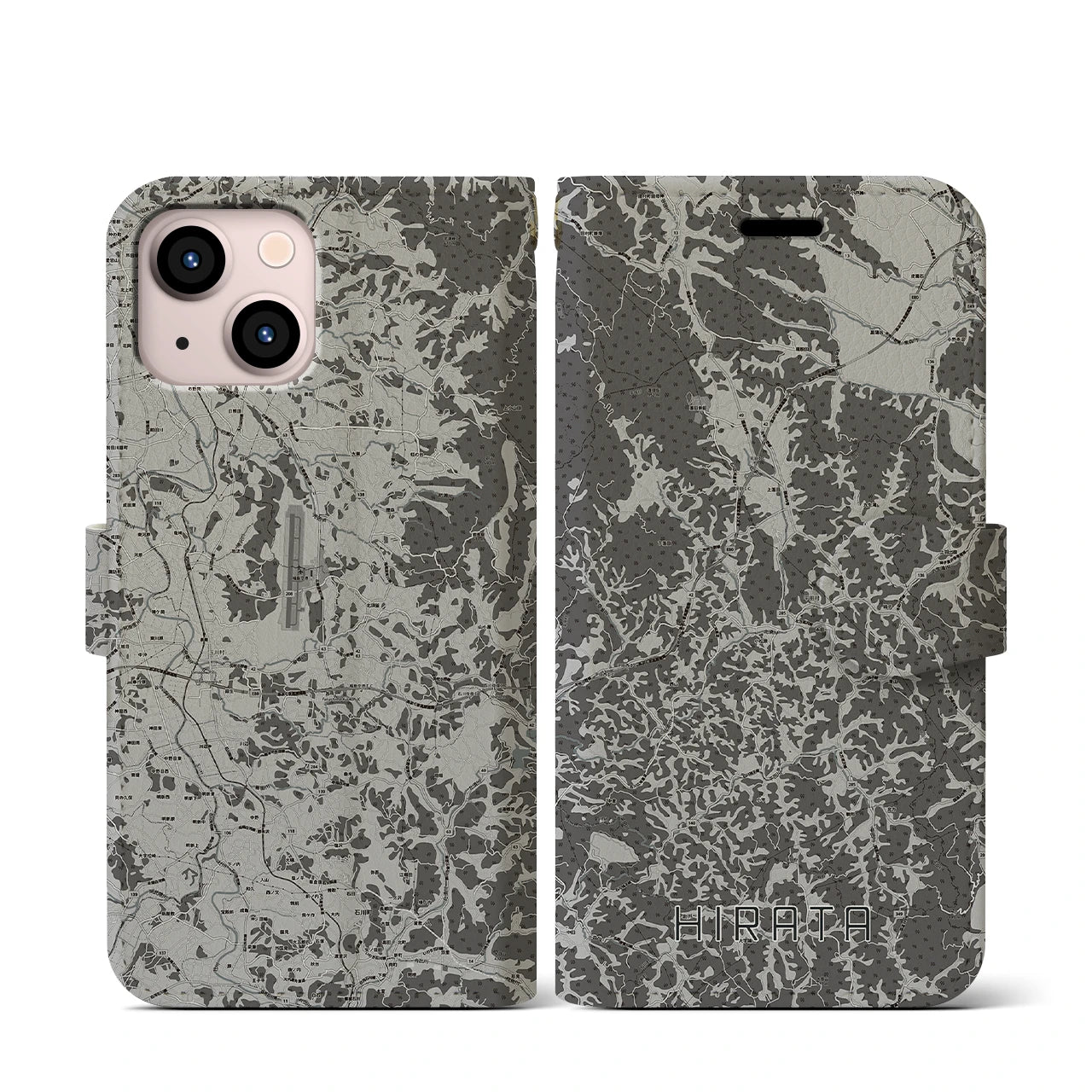 【平田(福島県)】地図柄iPhoneケース(手帳タイプ)モノトーン・iPhone 13 mini 用