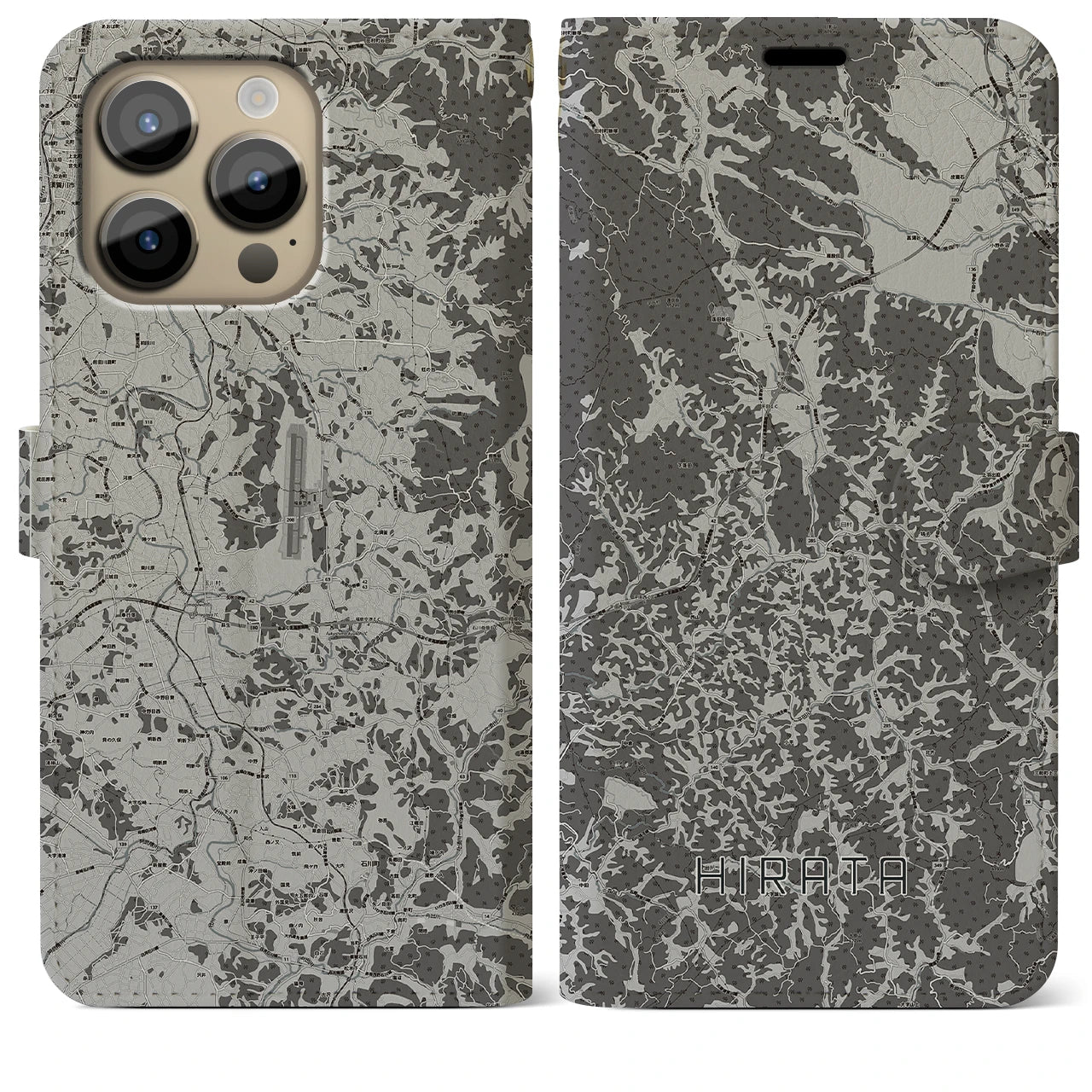 【平田(福島県)】地図柄iPhoneケース(手帳タイプ)モノトーン・iPhone 14 Pro Max 用