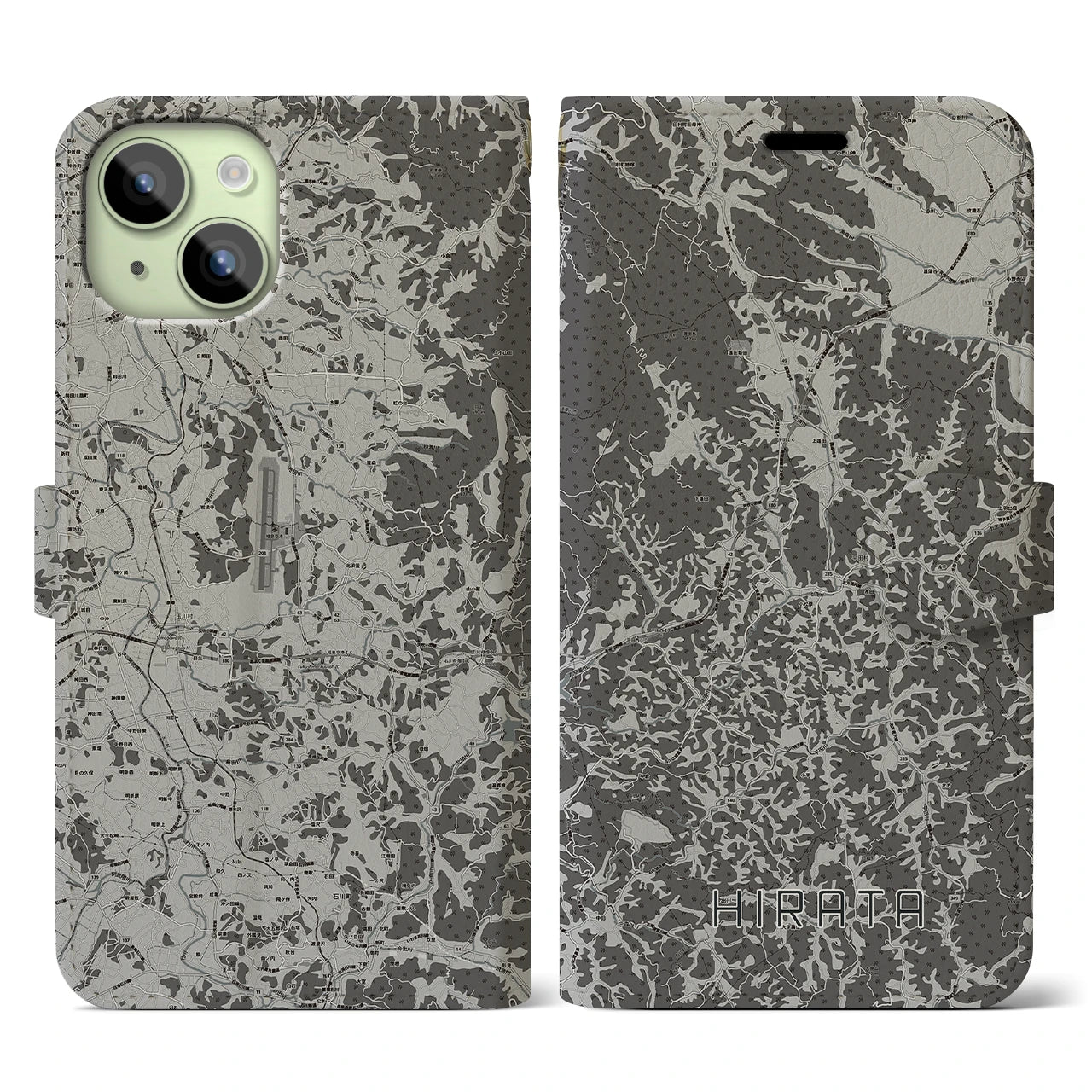 【平田(福島県)】地図柄iPhoneケース(手帳タイプ)モノトーン・iPhone 15 用