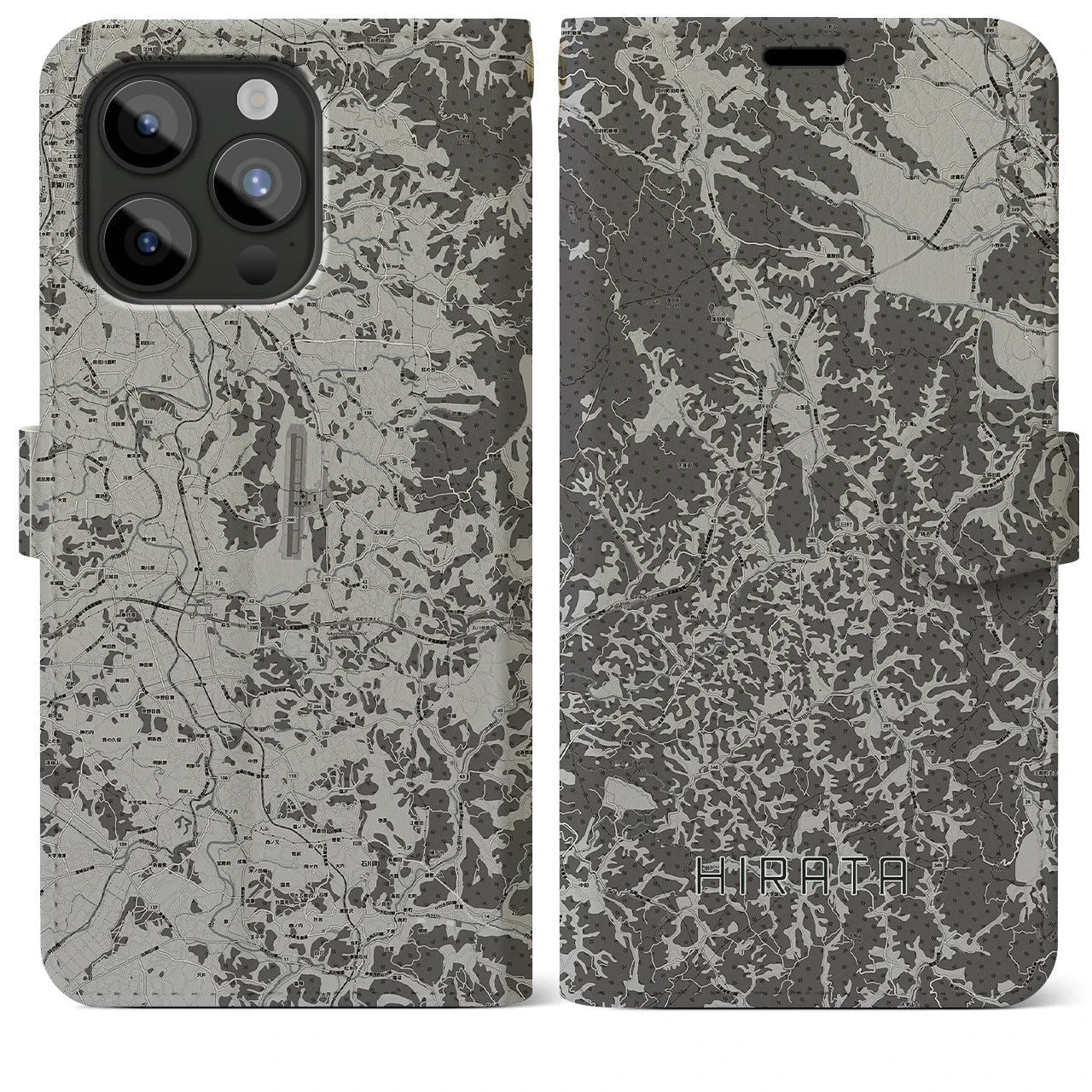 【平田(福島県)】地図柄iPhoneケース(手帳タイプ)モノトーン・iPhone 15 Pro Max 用