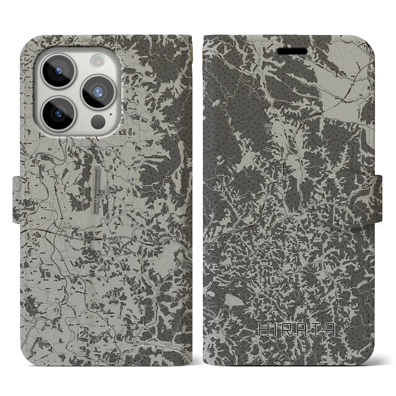 【平田(福島県)】地図柄iPhoneケース(手帳タイプ)モノトーン・iPhone 15 Pro 用