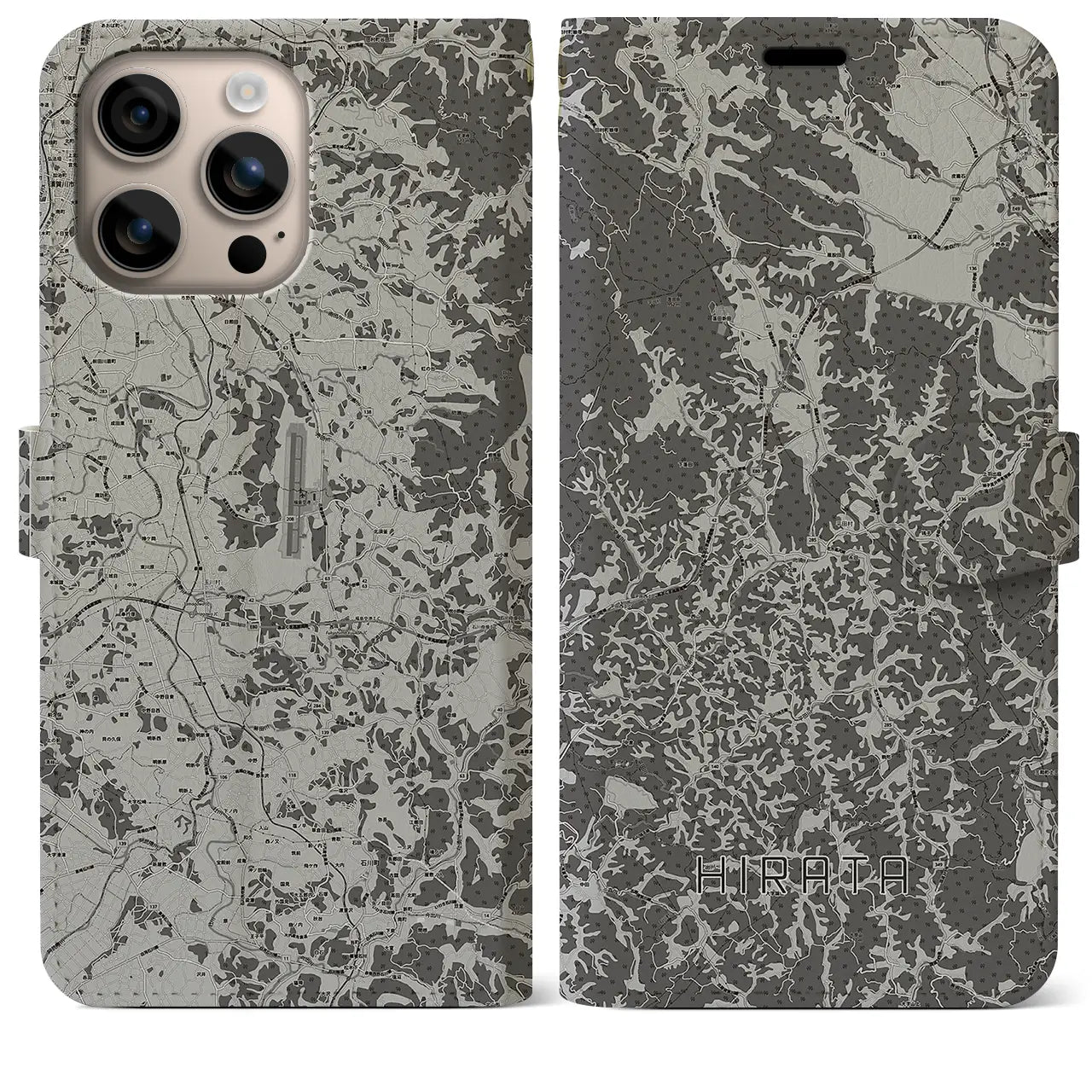 【平田(福島県)】地図柄iPhoneケース(手帳タイプ)モノトーン・iPhone 16 Plus 用