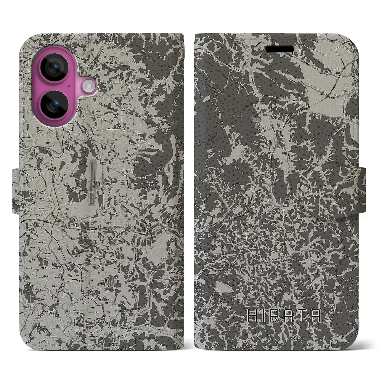 【平田(福島県)】地図柄iPhoneケース(手帳タイプ)モノトーン・iPhone 16 Pro 用