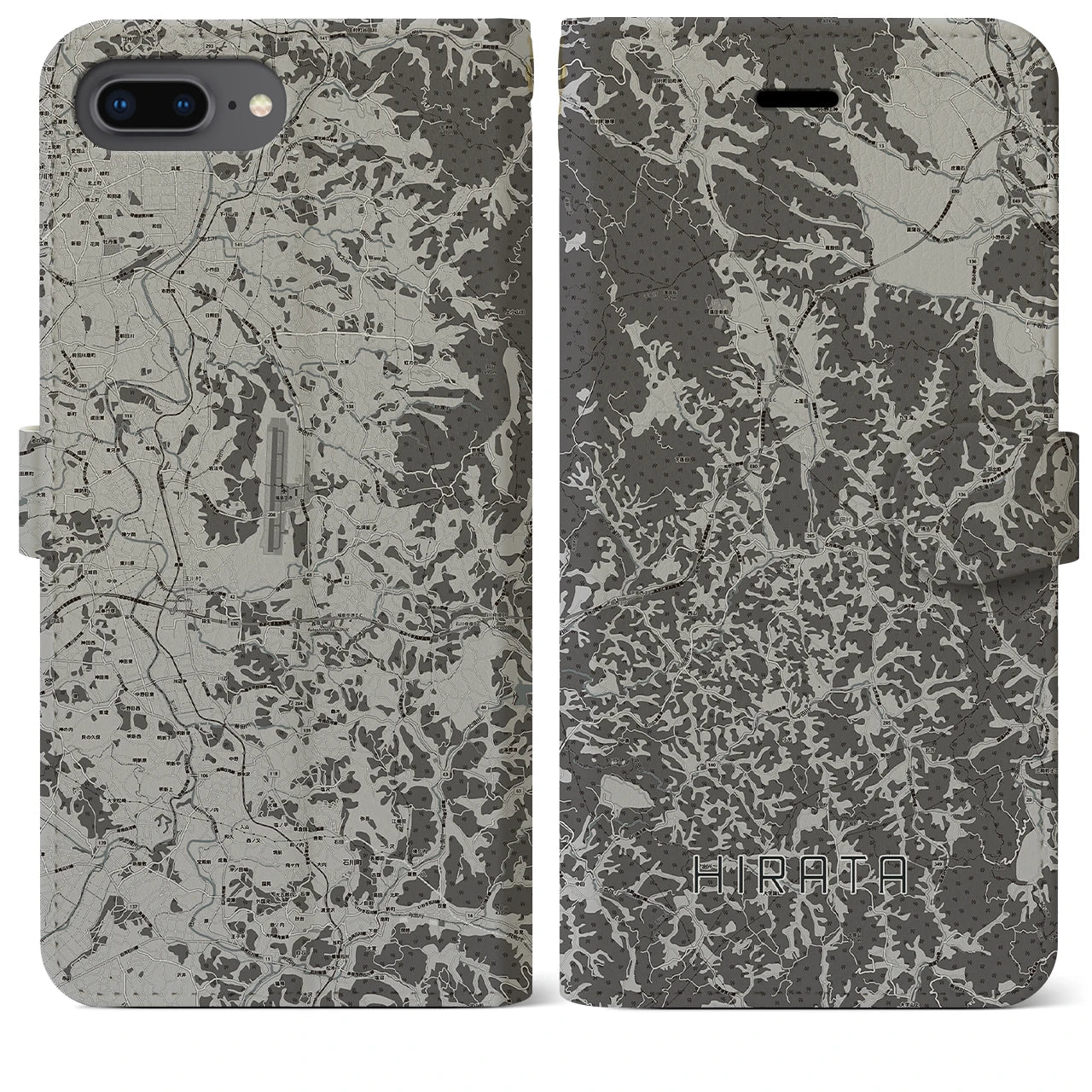 【平田(福島県)】地図柄iPhoneケース(手帳タイプ)モノトーン・iPhone 8Plus /7Plus / 6sPlus / 6Plus 用