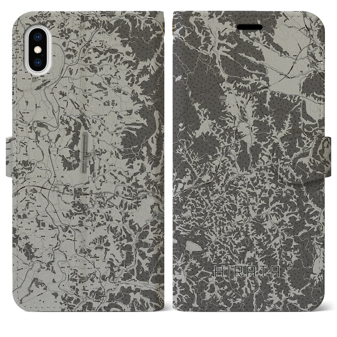 【平田(福島県)】地図柄iPhoneケース(手帳タイプ)モノトーン・iPhone XS Max 用