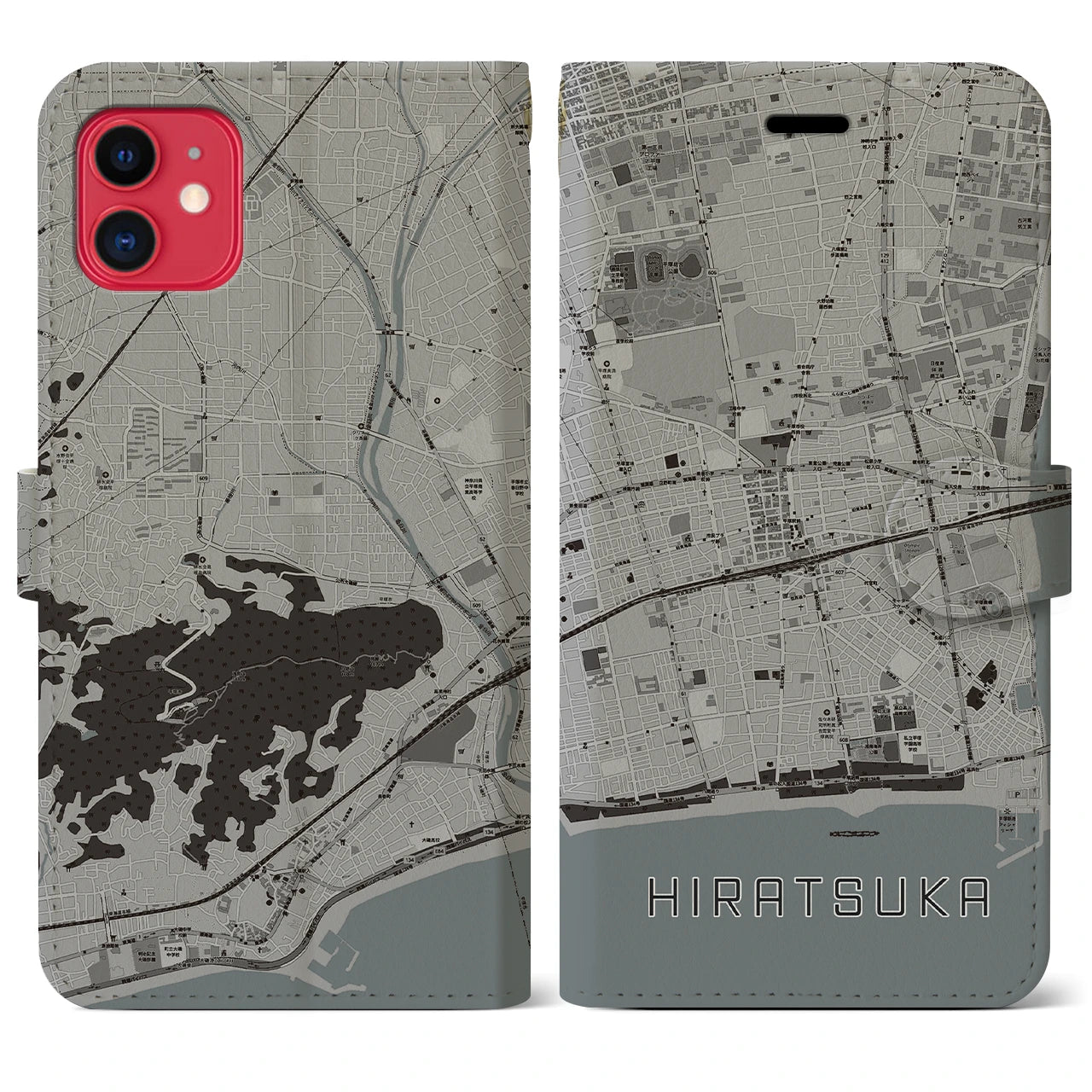 【平塚(神奈川県)】地図柄iPhoneケース(手帳タイプ)モノトーン・iPhone 11 用