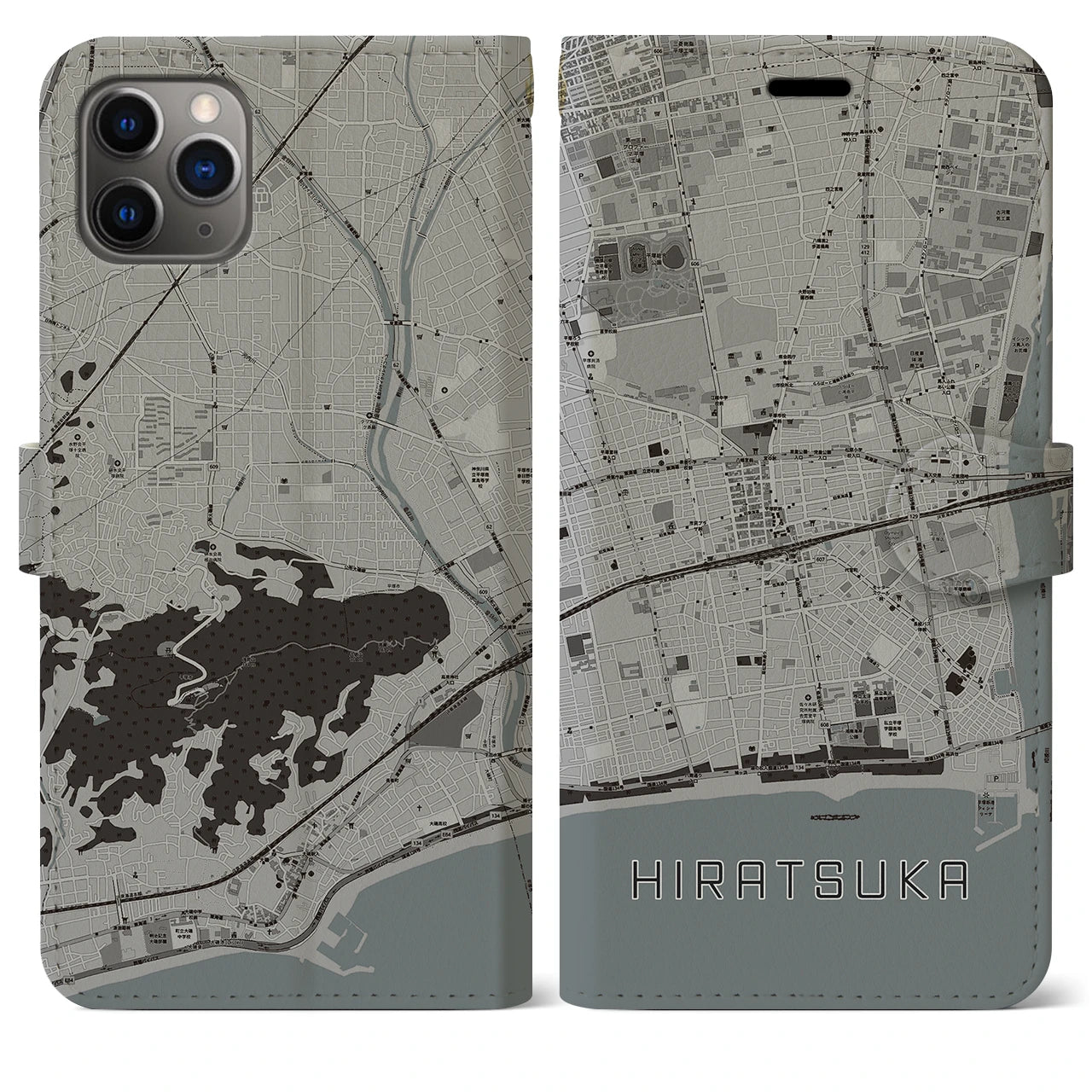 【平塚(神奈川県)】地図柄iPhoneケース(手帳タイプ)モノトーン・iPhone 11 Pro Max 用