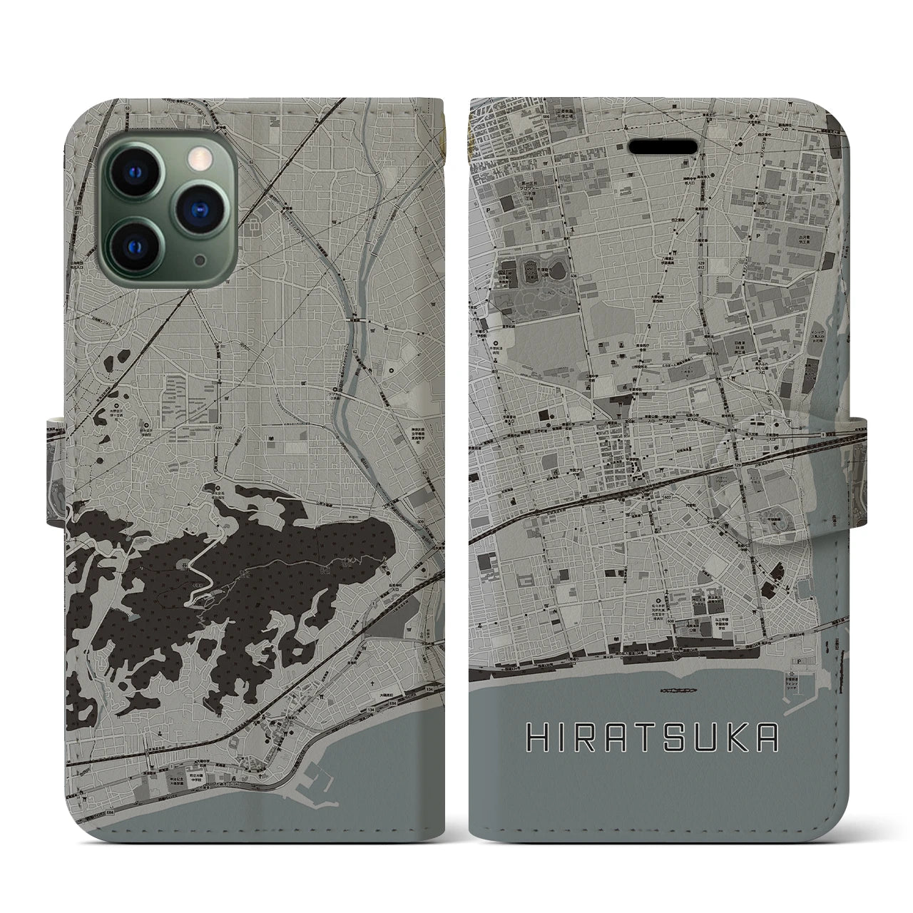 【平塚(神奈川県)】地図柄iPhoneケース(手帳タイプ)モノトーン・iPhone 11 Pro 用