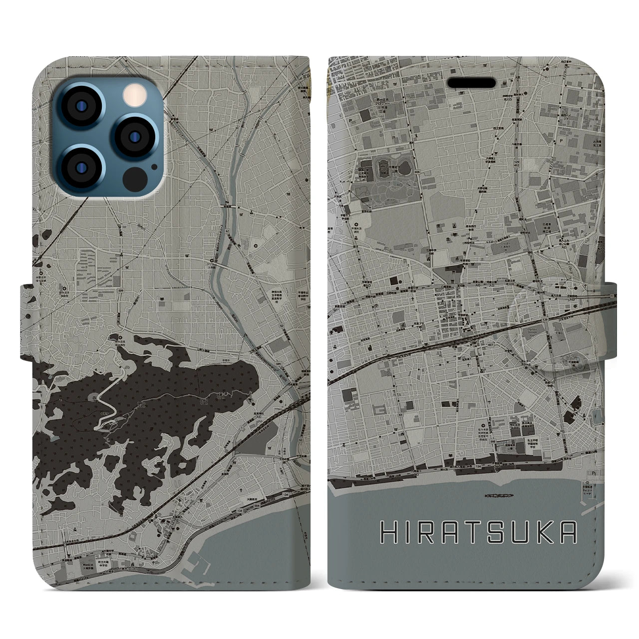 【平塚(神奈川県)】地図柄iPhoneケース(手帳タイプ)モノトーン・iPhone 12 / 12 Pro 用