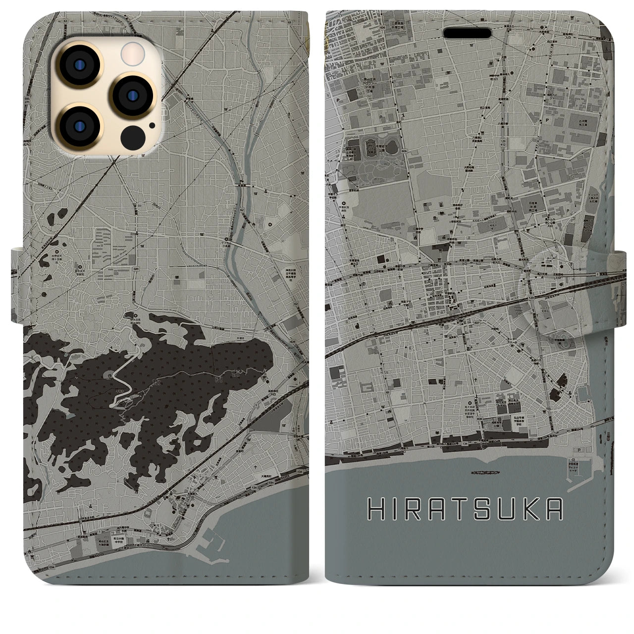 【平塚(神奈川県)】地図柄iPhoneケース(手帳タイプ)モノトーン・iPhone 12 Pro Max 用