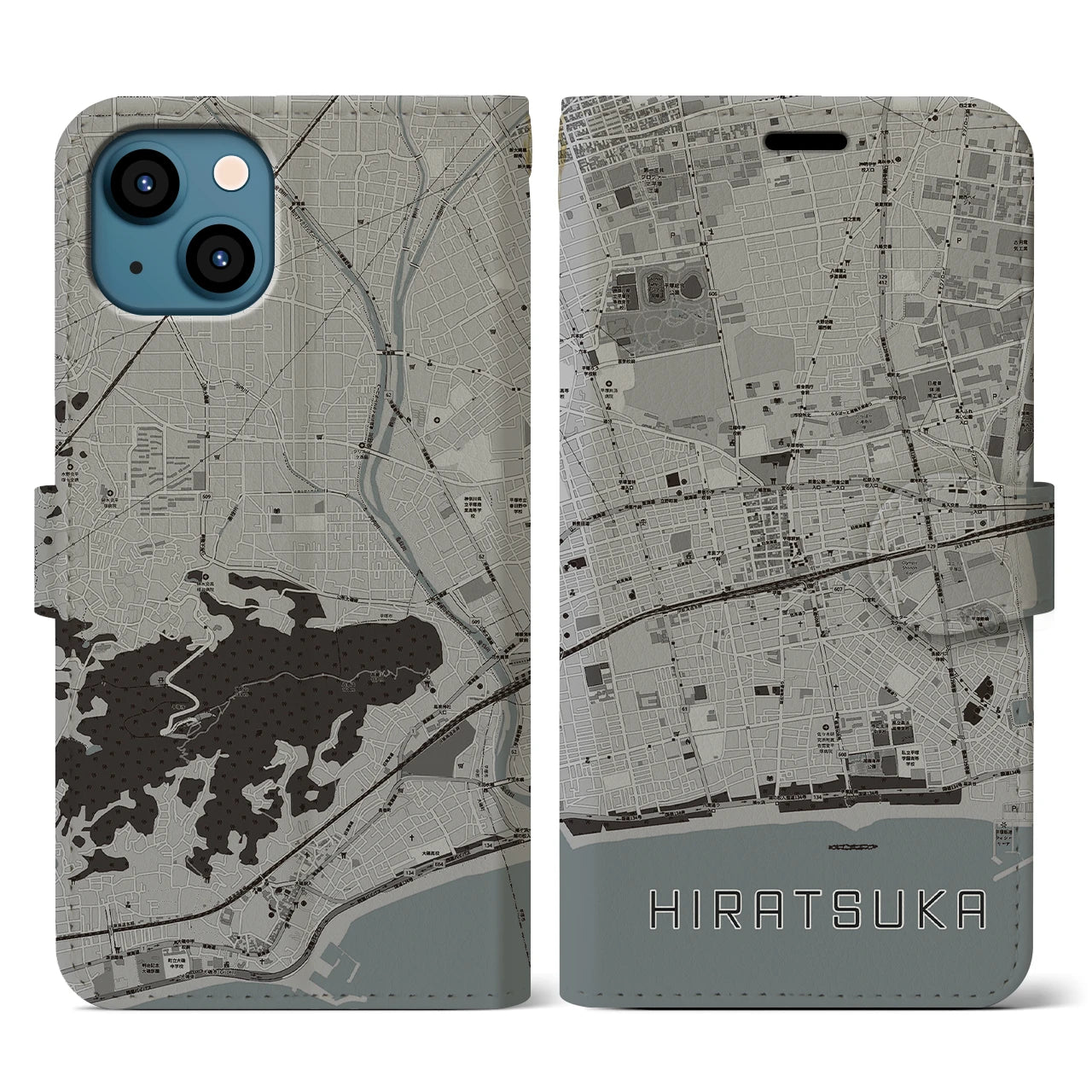 【平塚(神奈川県)】地図柄iPhoneケース(手帳タイプ)モノトーン・iPhone 13 用