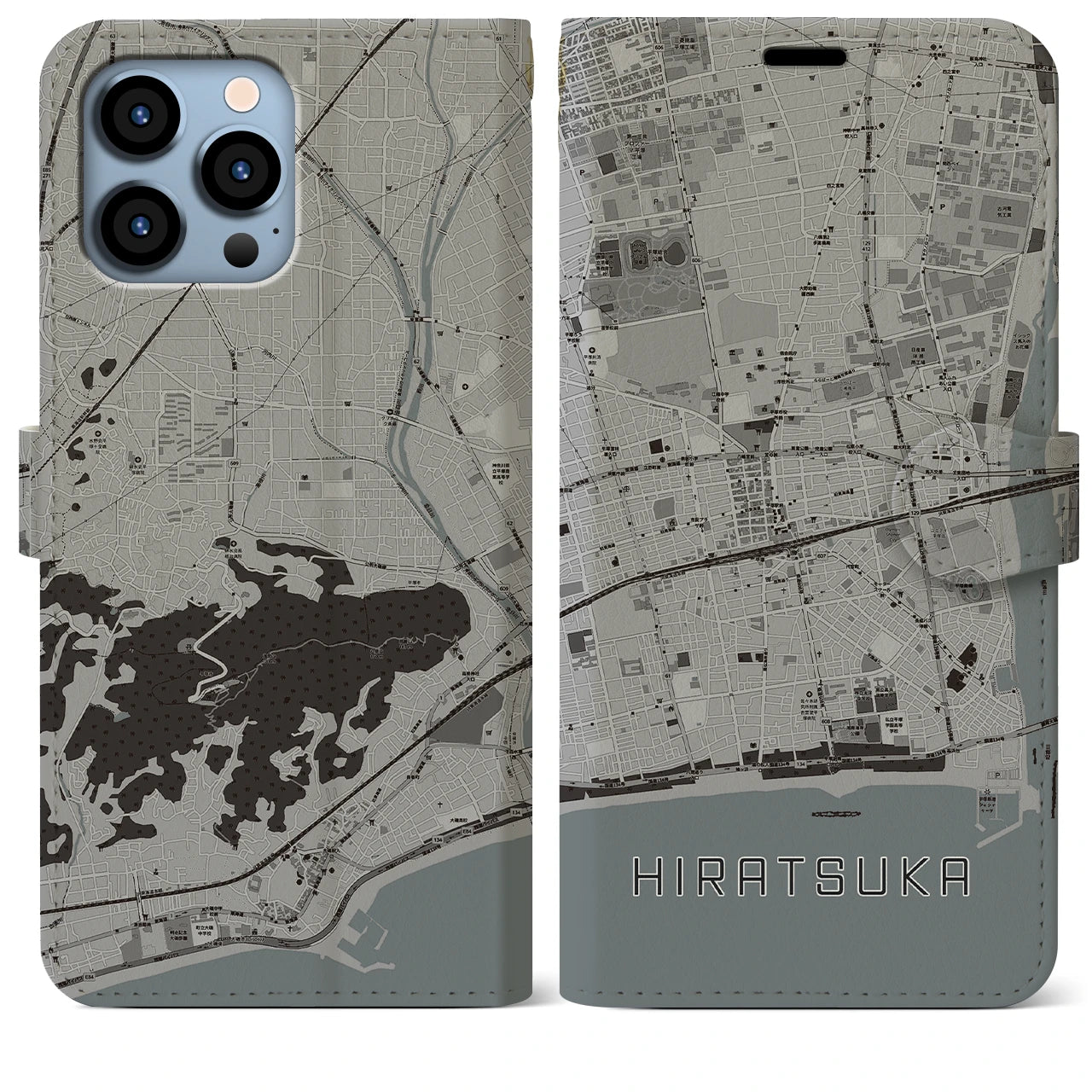 【平塚(神奈川県)】地図柄iPhoneケース(手帳タイプ)モノトーン・iPhone 13 Pro Max 用