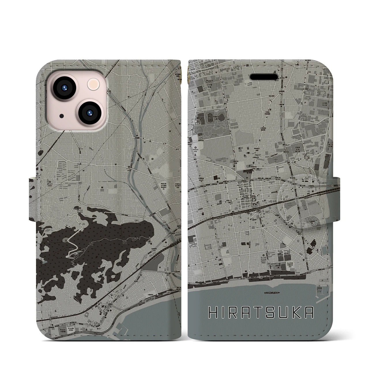 【平塚(神奈川県)】地図柄iPhoneケース(手帳タイプ)モノトーン・iPhone 13 mini 用