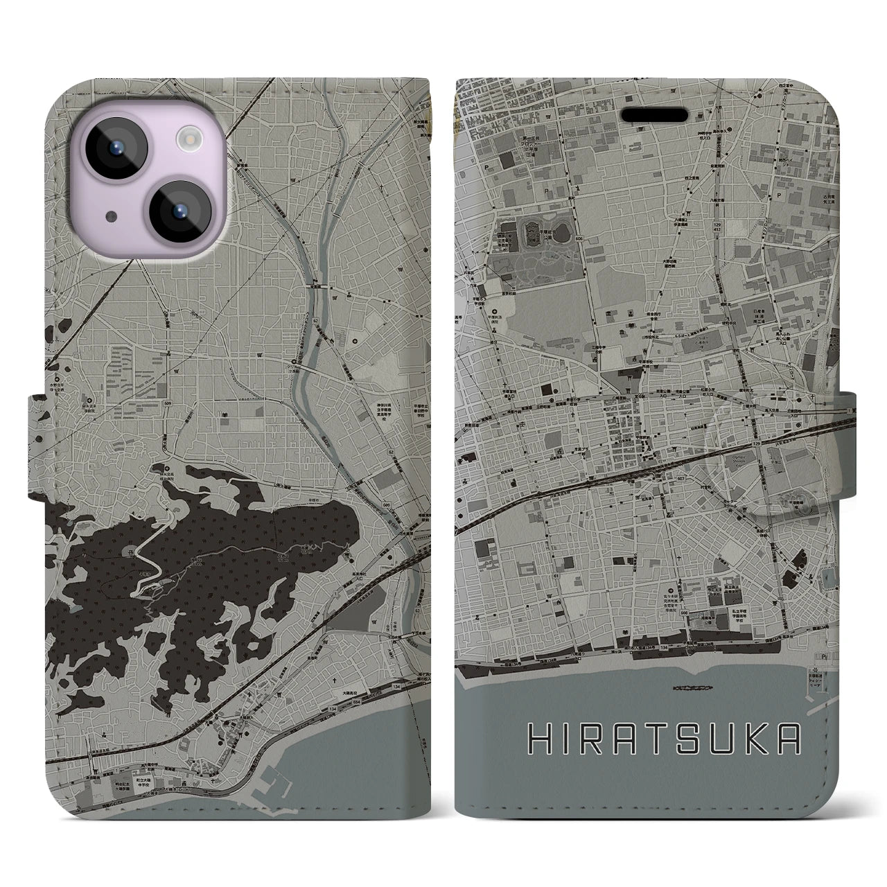 【平塚(神奈川県)】地図柄iPhoneケース(手帳タイプ)モノトーン・iPhone 14 用