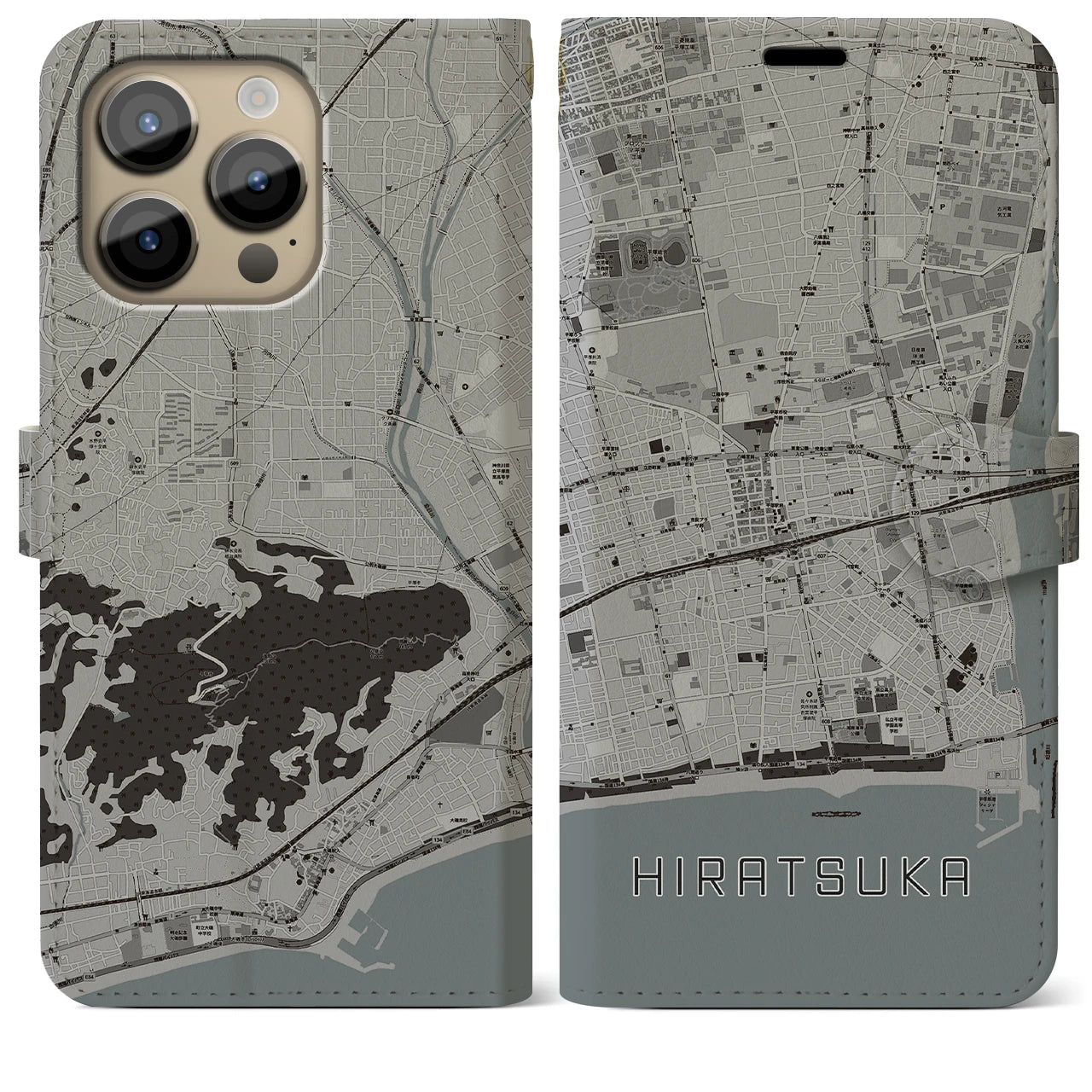 【平塚(神奈川県)】地図柄iPhoneケース(手帳タイプ)モノトーン・iPhone 14 Pro Max 用