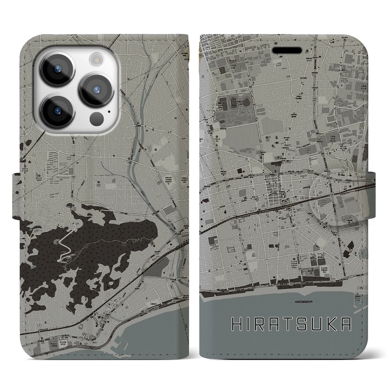 【平塚(神奈川県)】地図柄iPhoneケース(手帳タイプ)モノトーン・iPhone 14 Pro 用