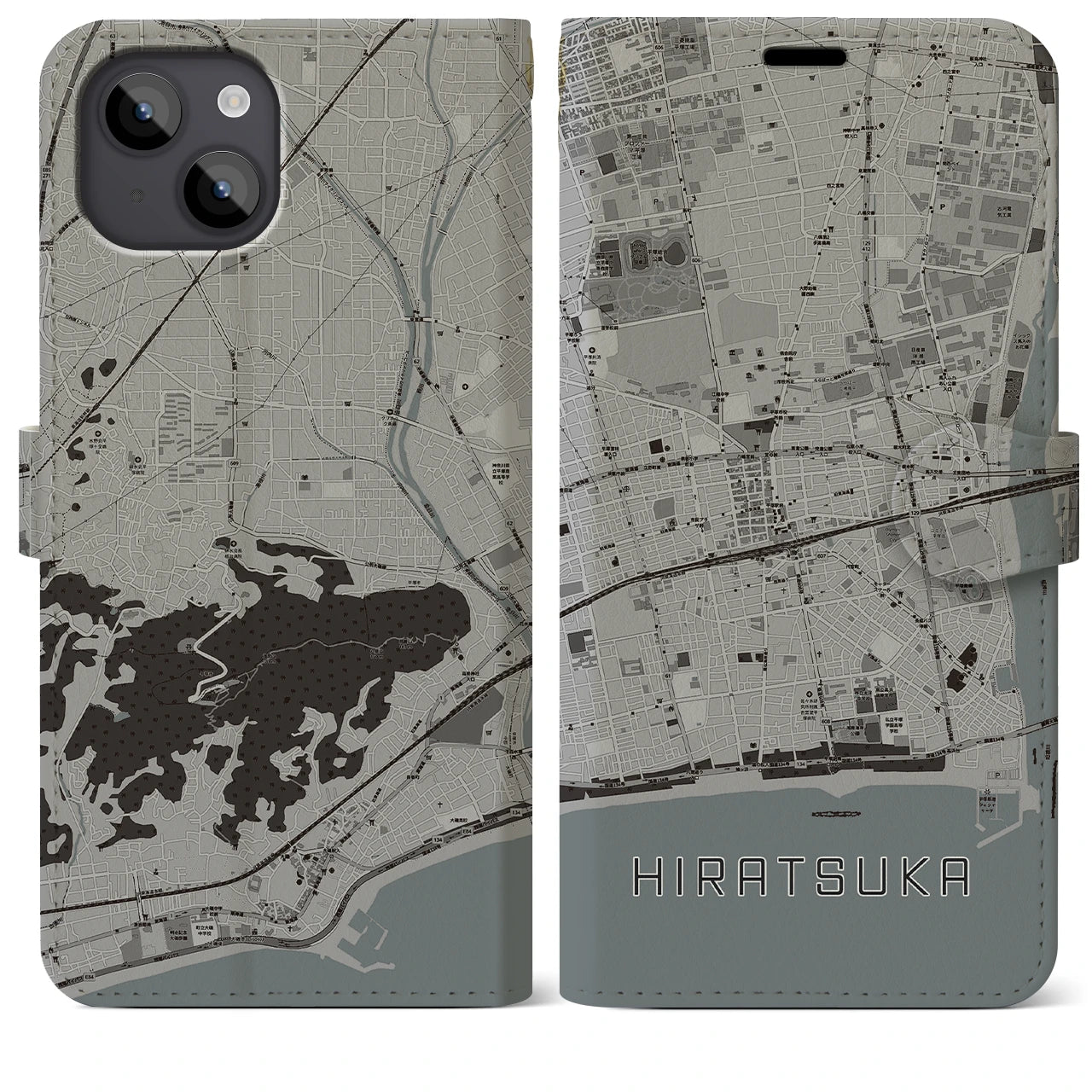 【平塚(神奈川県)】地図柄iPhoneケース(手帳タイプ)モノトーン・iPhone 14 Plus 用