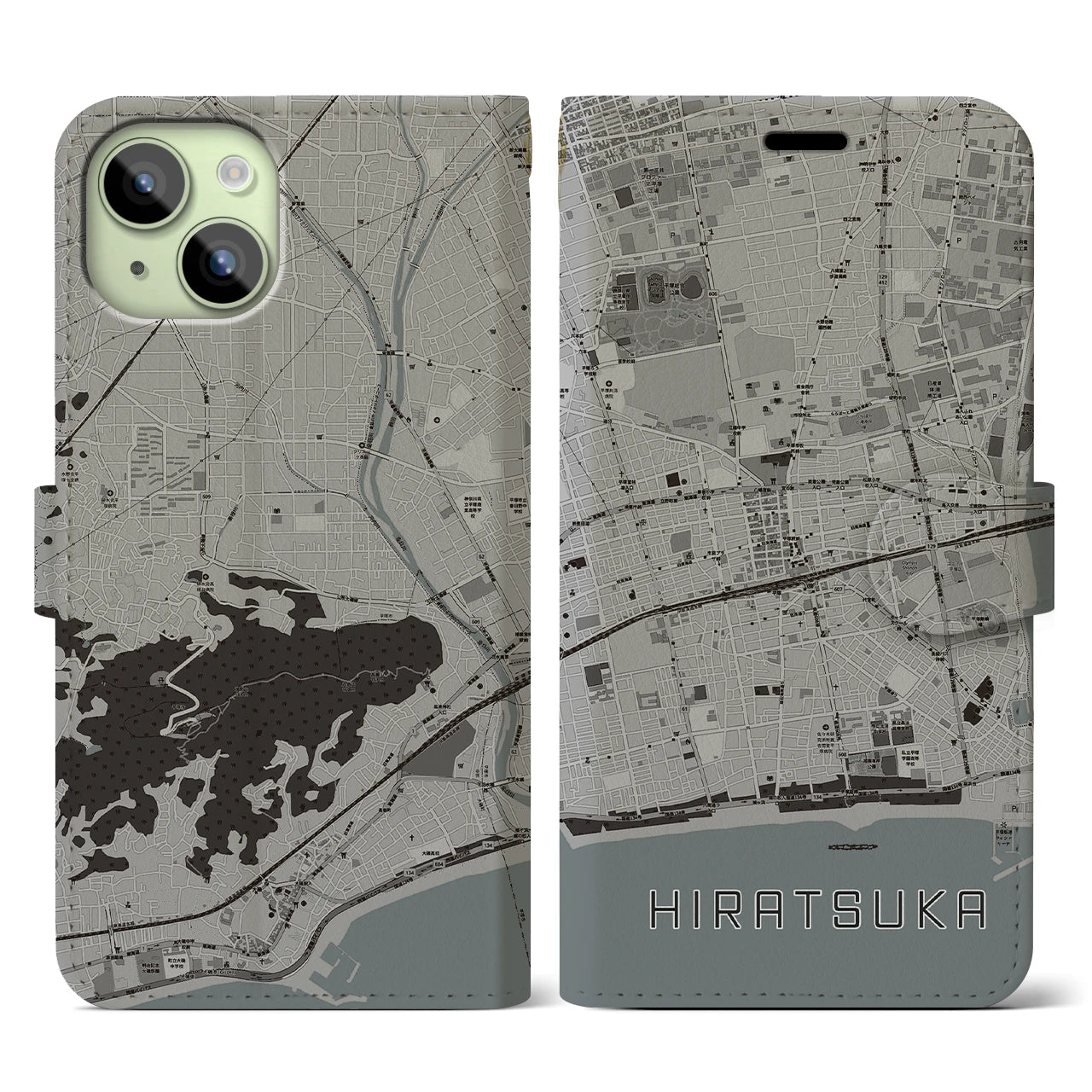 【平塚(神奈川県)】地図柄iPhoneケース(手帳タイプ)モノトーン・iPhone 15 用
