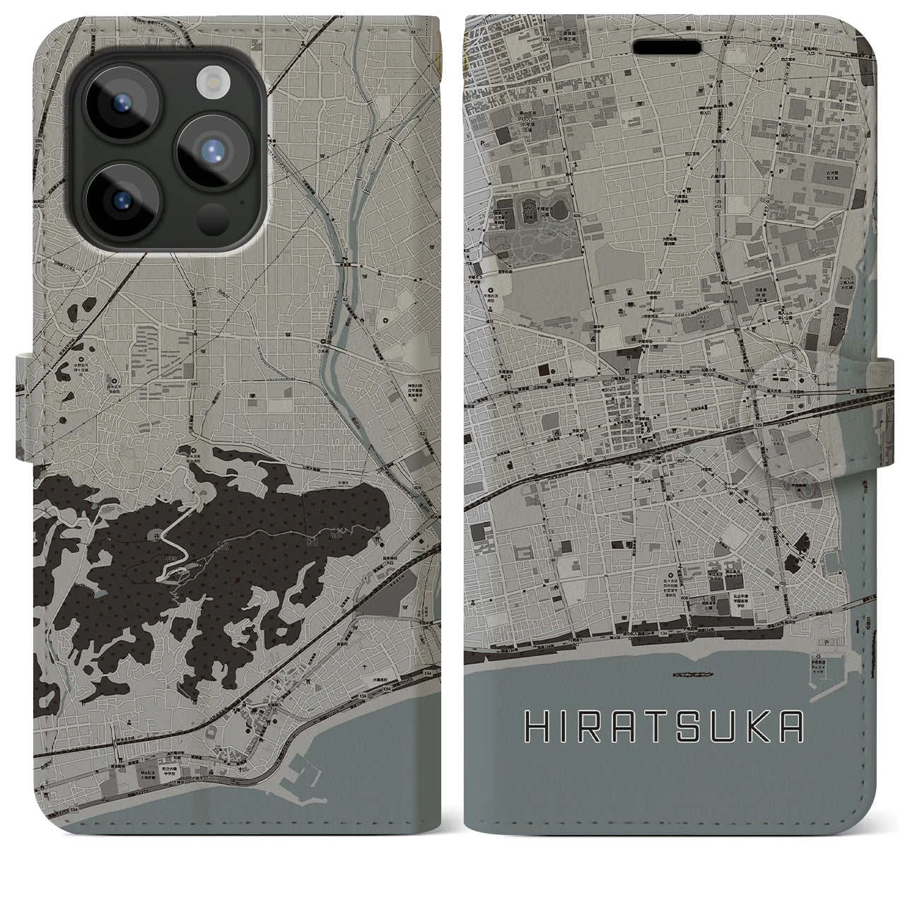 【平塚(神奈川県)】地図柄iPhoneケース(手帳タイプ)モノトーン・iPhone 15 Pro Max 用