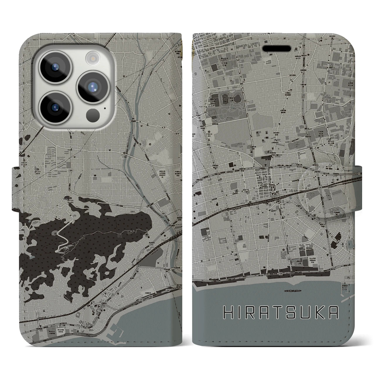 【平塚(神奈川県)】地図柄iPhoneケース(手帳タイプ)モノトーン・iPhone 15 Pro 用