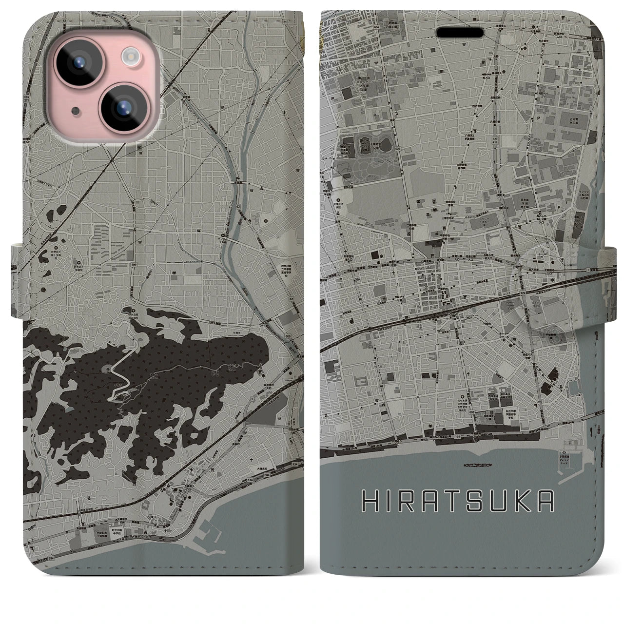 【平塚(神奈川県)】地図柄iPhoneケース(手帳タイプ)モノトーン・iPhone 15 Plus 用