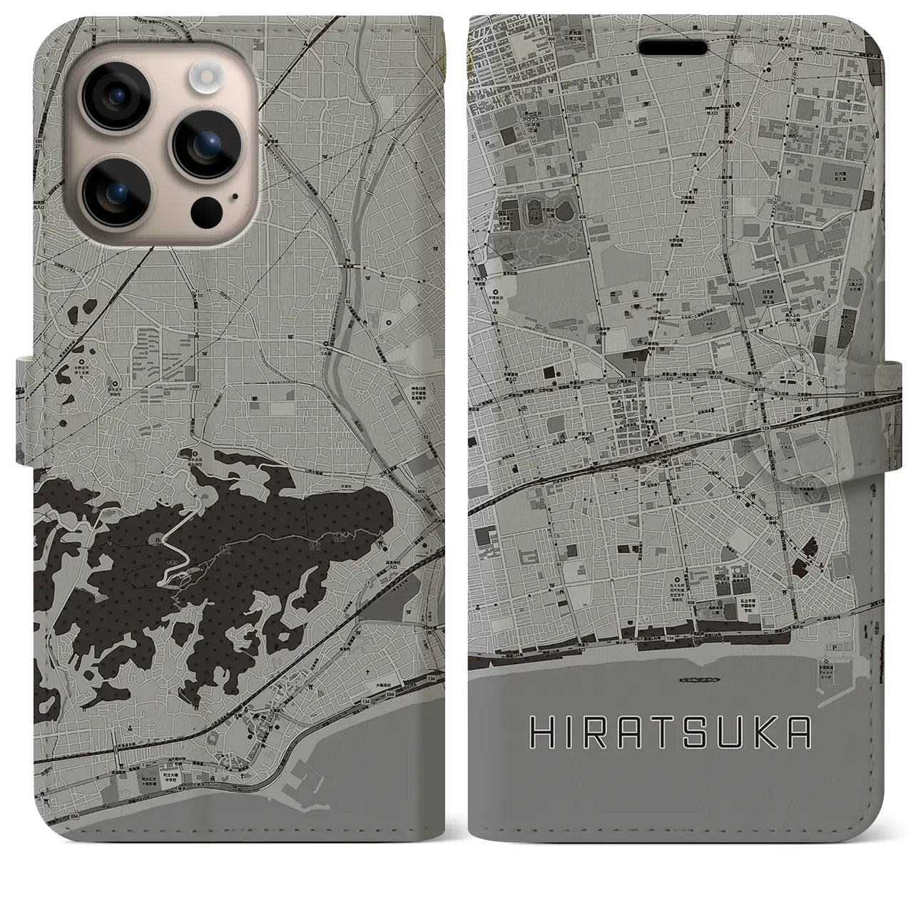 【平塚(神奈川県)】地図柄iPhoneケース(手帳タイプ)モノトーン・iPhone 16 Plus 用