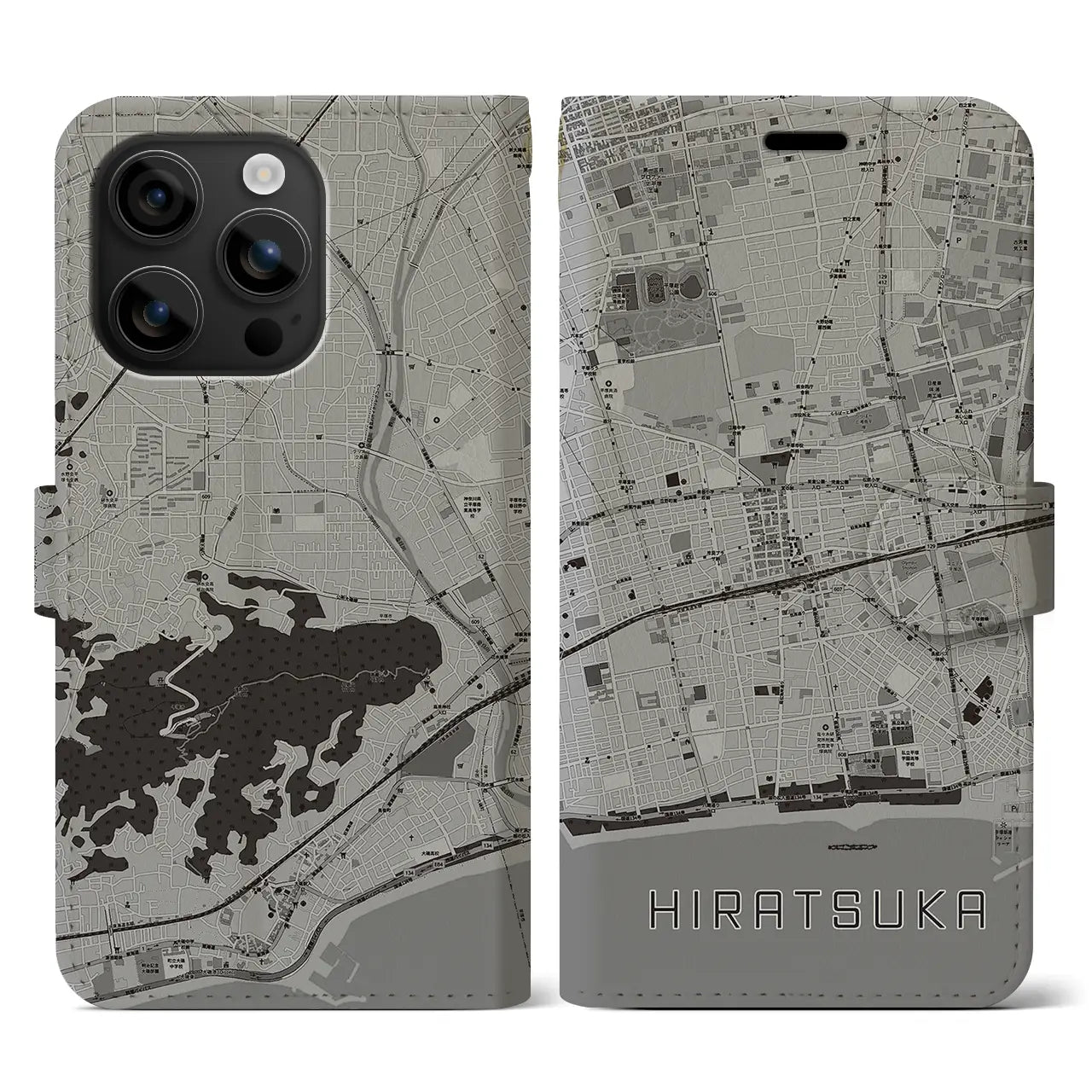 【平塚(神奈川県)】地図柄iPhoneケース(手帳タイプ)モノトーン・iPhone 16 用