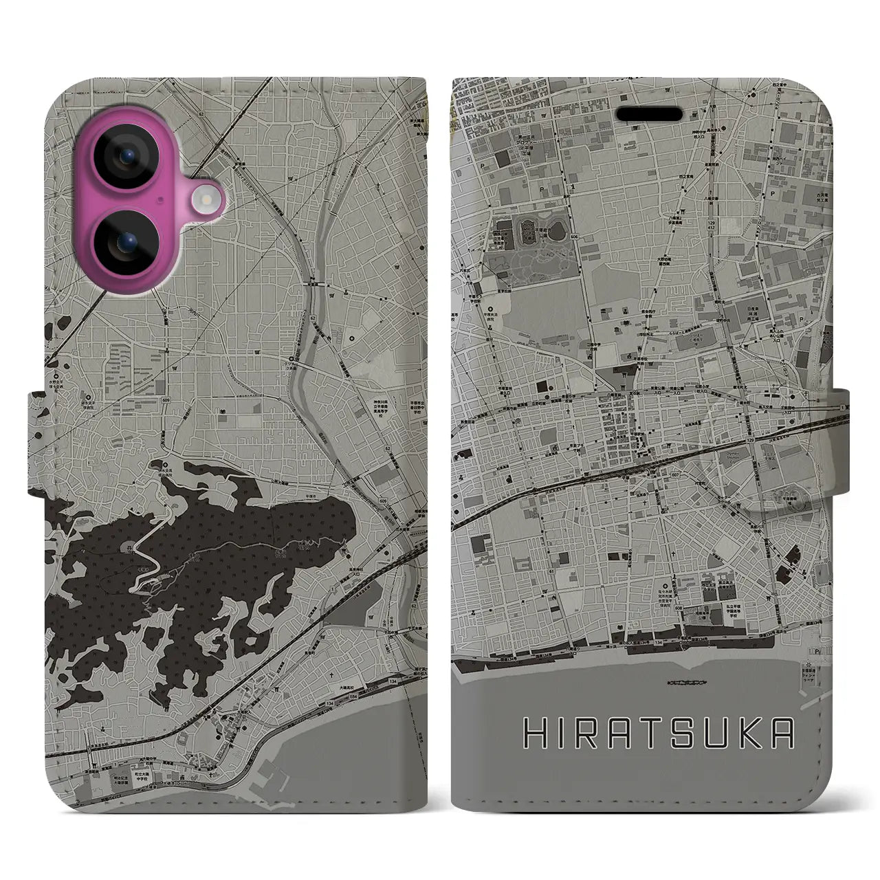 【平塚(神奈川県)】地図柄iPhoneケース(手帳タイプ)モノトーン・iPhone 16 Pro 用