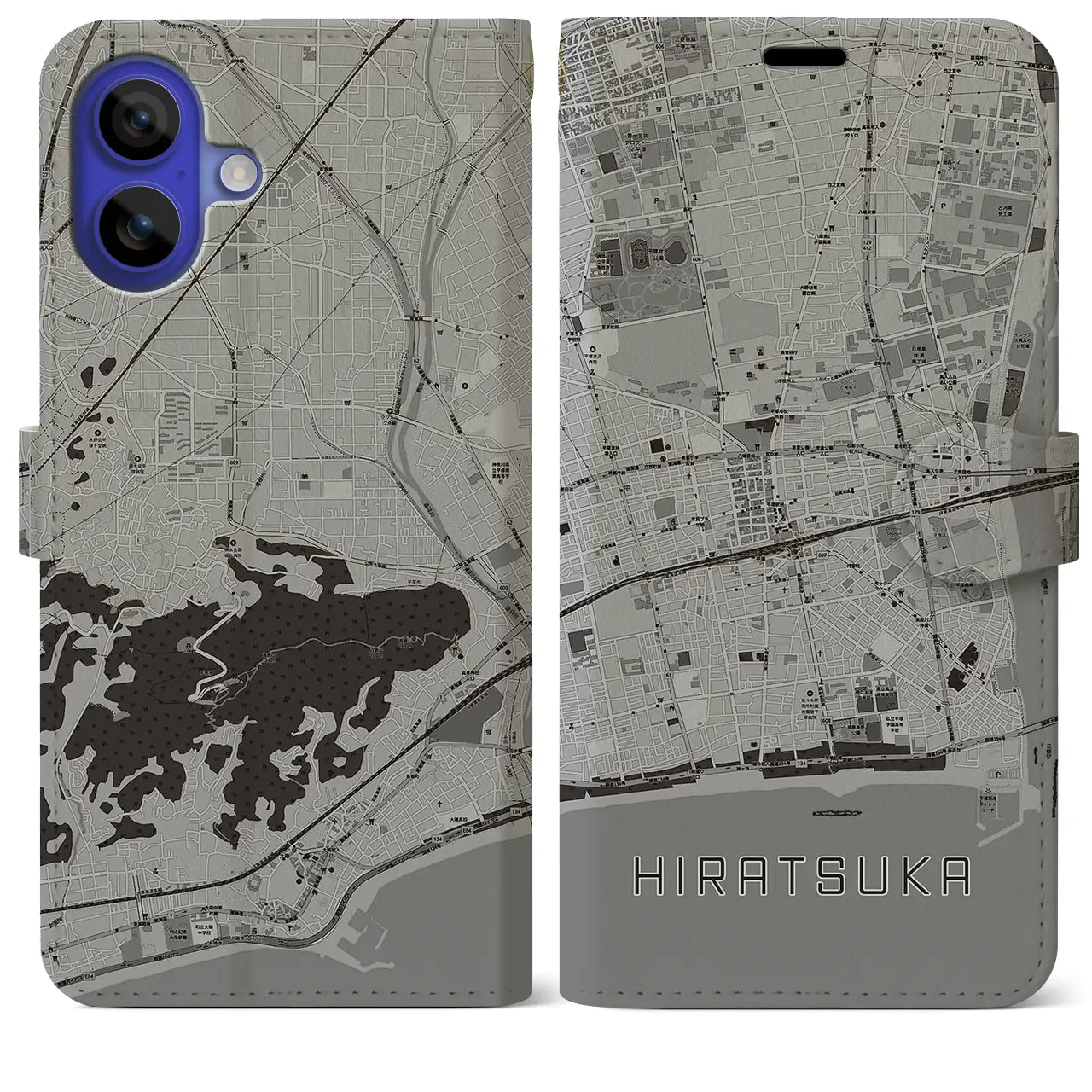 【平塚(神奈川県)】地図柄iPhoneケース(手帳タイプ)モノトーン・iPhone 16 Pro Max 用