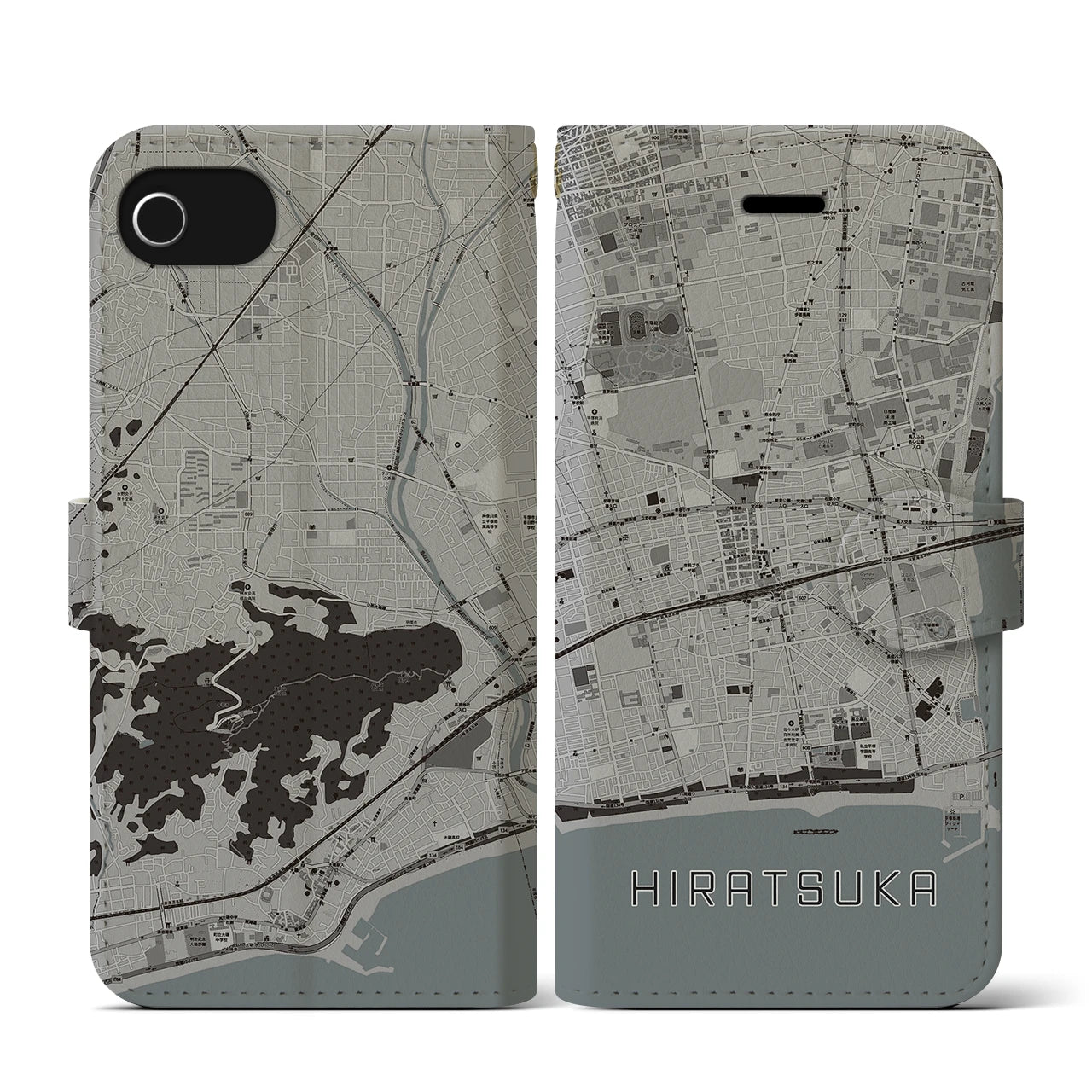 【平塚(神奈川県)】地図柄iPhoneケース(手帳タイプ)モノトーン・iPhone SE(第3 / 第2世代) / 8 / 7 / 6s / 6 用