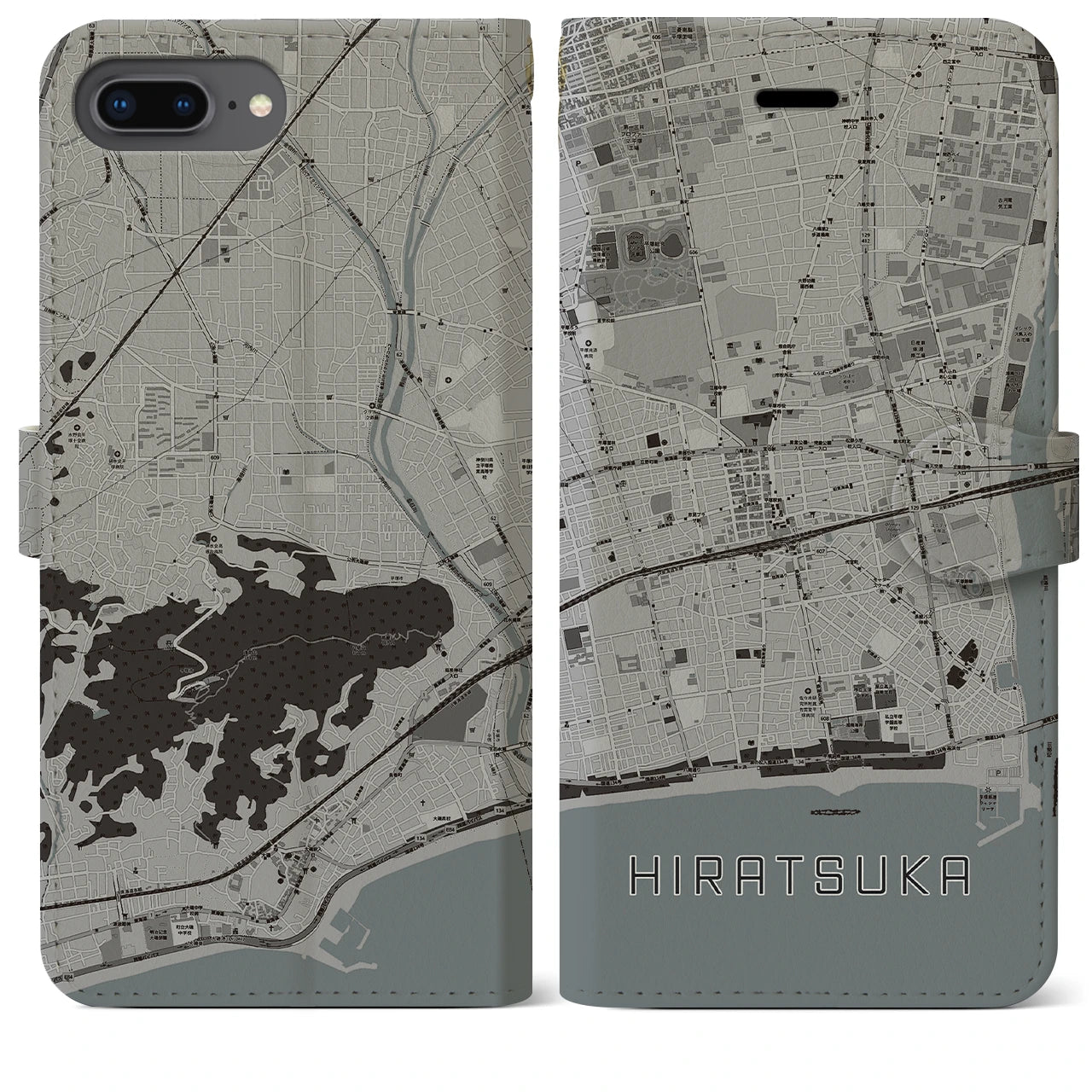 【平塚(神奈川県)】地図柄iPhoneケース(手帳タイプ)モノトーン・iPhone 8Plus /7Plus / 6sPlus / 6Plus 用