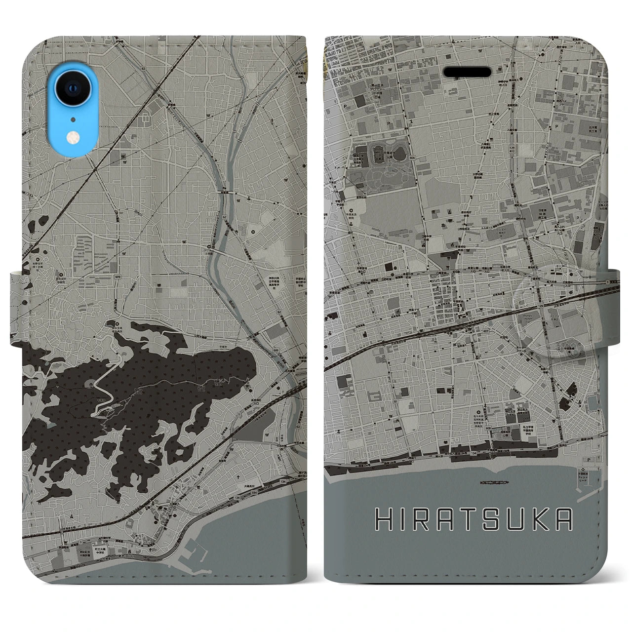 【平塚(神奈川県)】地図柄iPhoneケース(手帳タイプ)モノトーン・iPhone XR 用