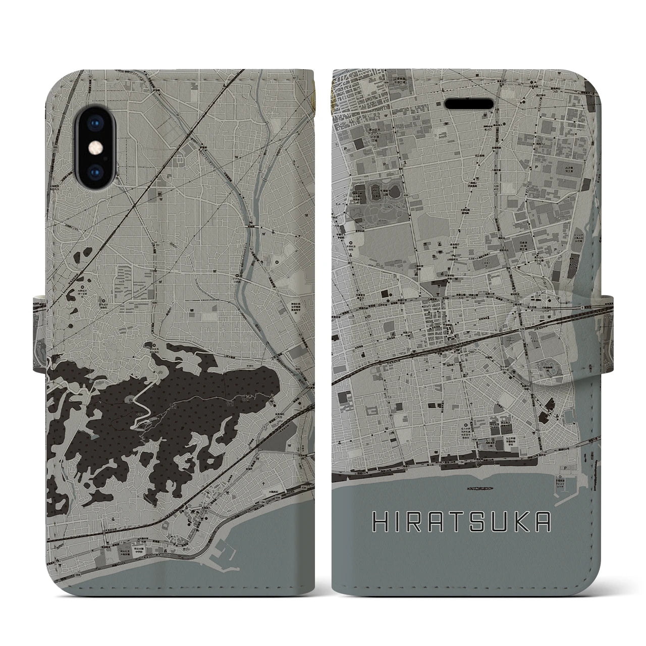 【平塚(神奈川県)】地図柄iPhoneケース(手帳タイプ)モノトーン・iPhone XS / X 用