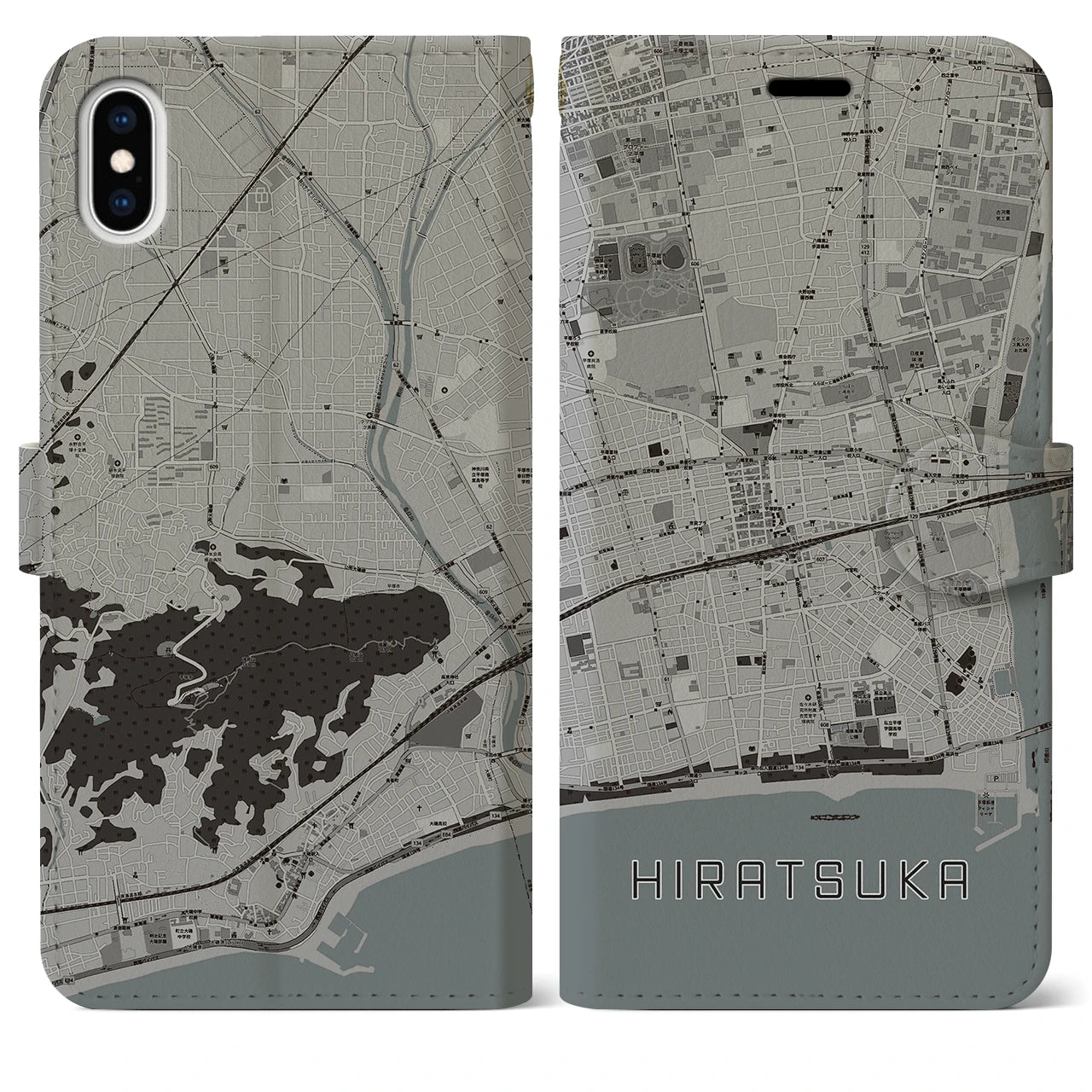 【平塚(神奈川県)】地図柄iPhoneケース(手帳タイプ)モノトーン・iPhone XS Max 用