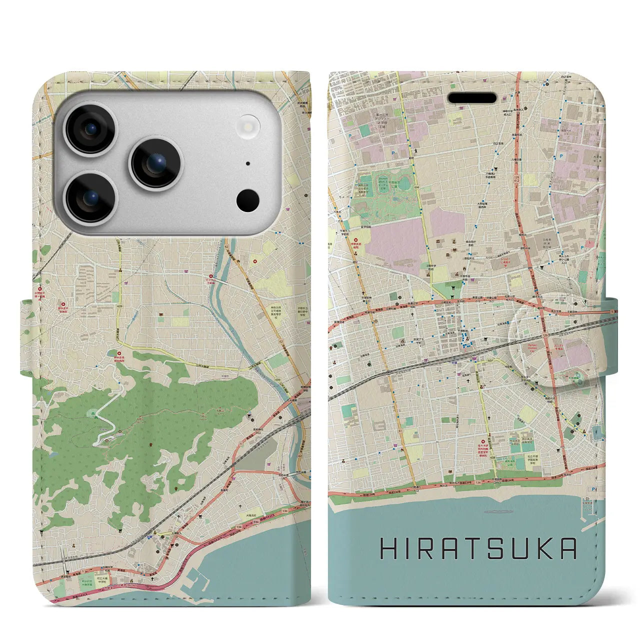 【平塚(神奈川県)】地図柄iPhoneケース(手帳タイプ)モノトーン・iPhone 17 Pro Max 用