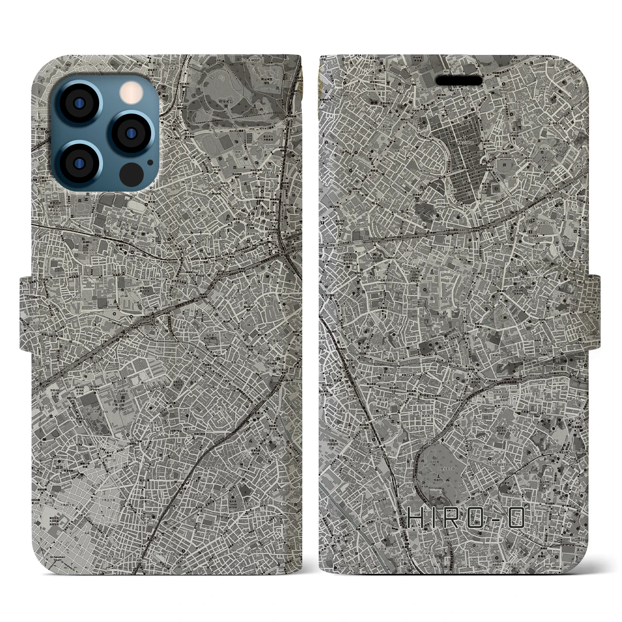 【広尾(東京都)】地図柄iPhoneケース(手帳タイプ)モノトーン・iPhone 12 / 12 Pro 用