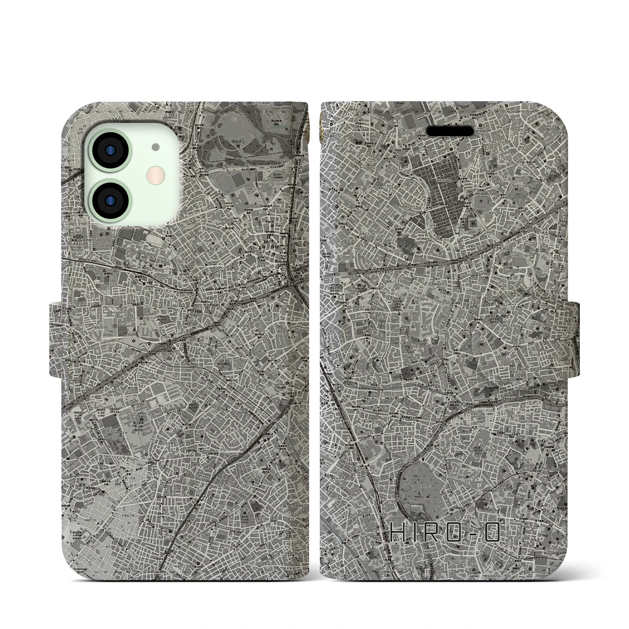 【広尾(東京都)】地図柄iPhoneケース(手帳タイプ)モノトーン・iPhone 12 mini 用