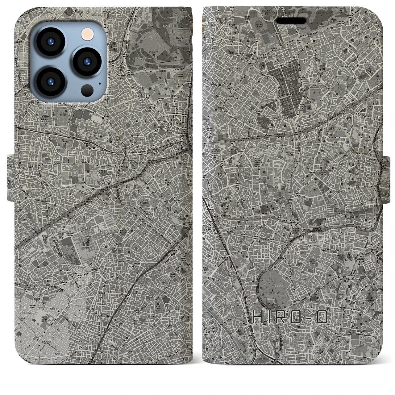 【広尾(東京都)】地図柄iPhoneケース(手帳タイプ)モノトーン・iPhone 13 Pro Max 用