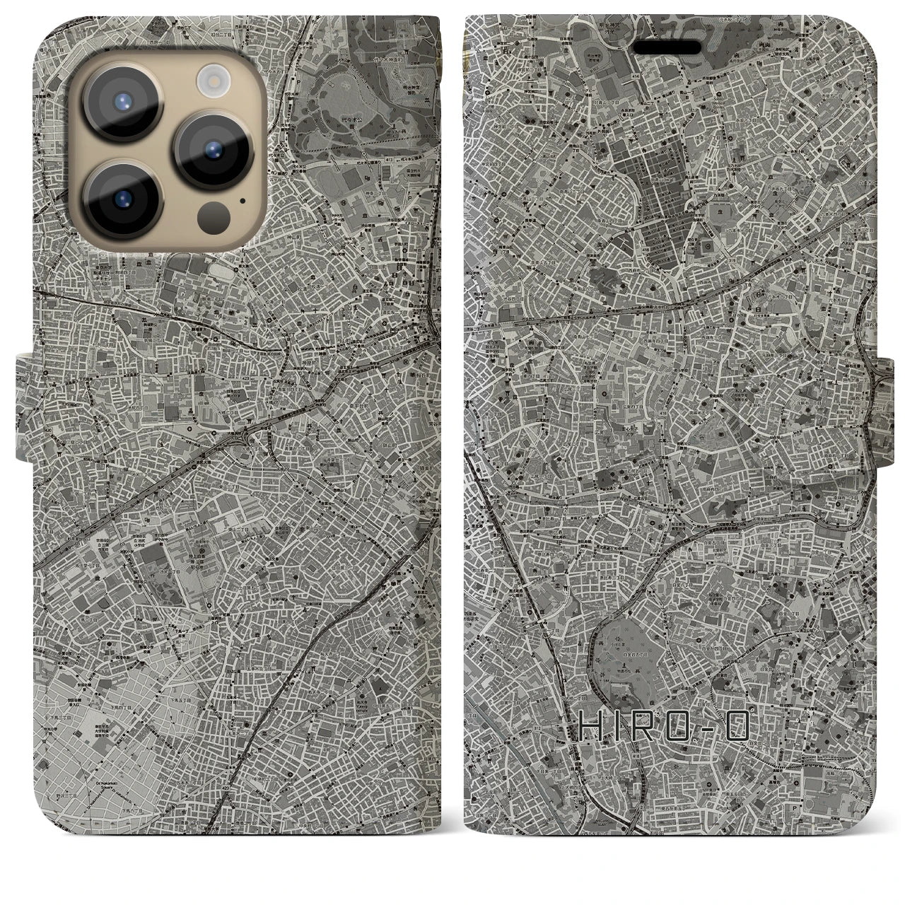 【広尾(東京都)】地図柄iPhoneケース(手帳タイプ)モノトーン・iPhone 14 Pro Max 用