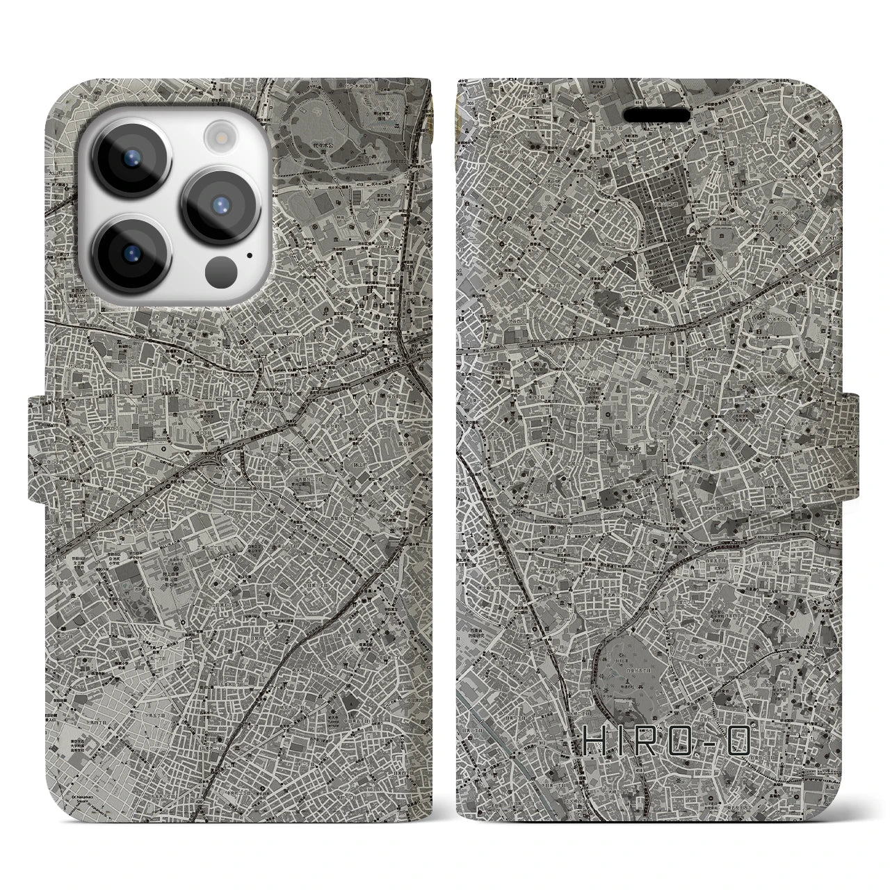 【広尾(東京都)】地図柄iPhoneケース(手帳タイプ)モノトーン・iPhone 14 Pro 用