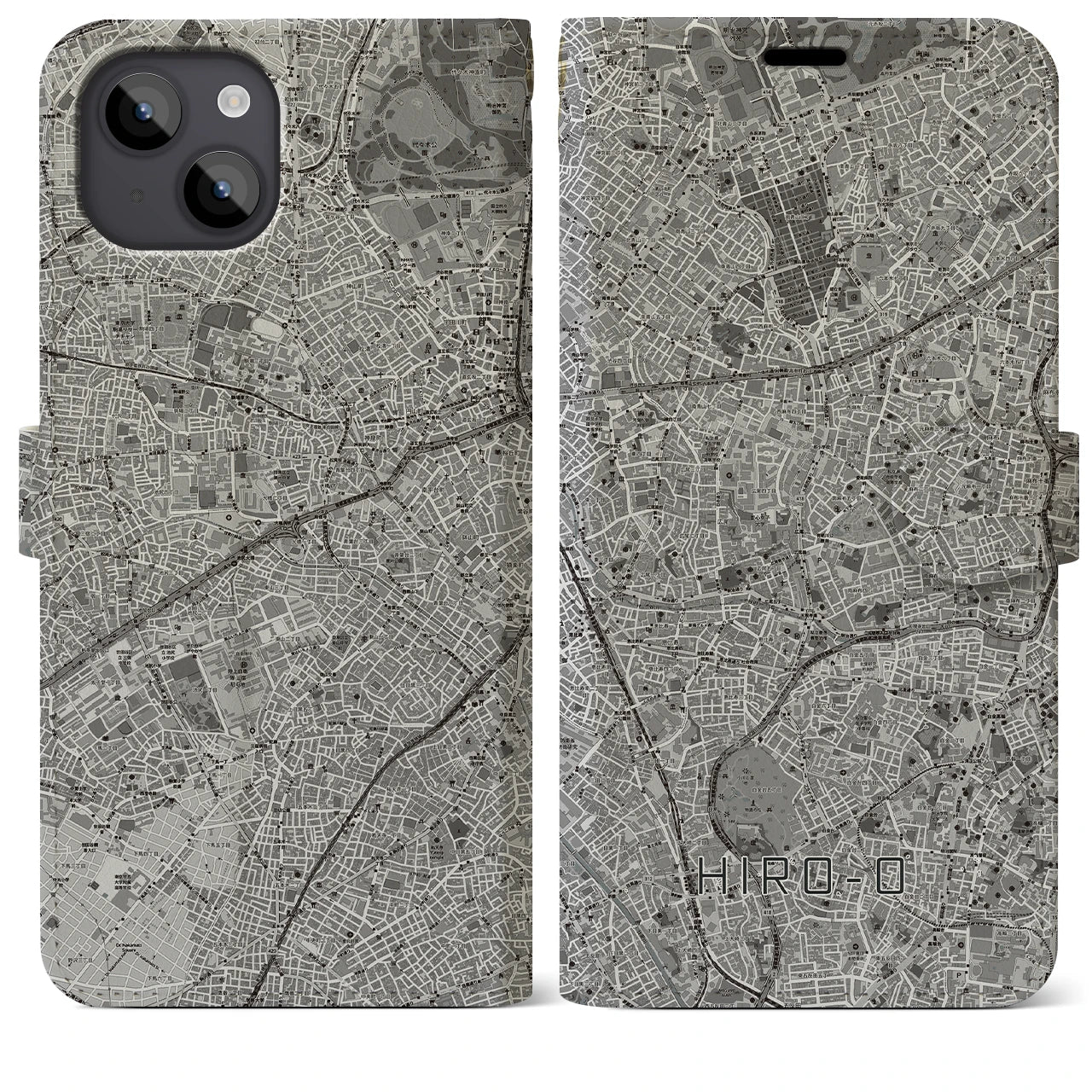 【広尾(東京都)】地図柄iPhoneケース(手帳タイプ)モノトーン・iPhone 14 Plus 用