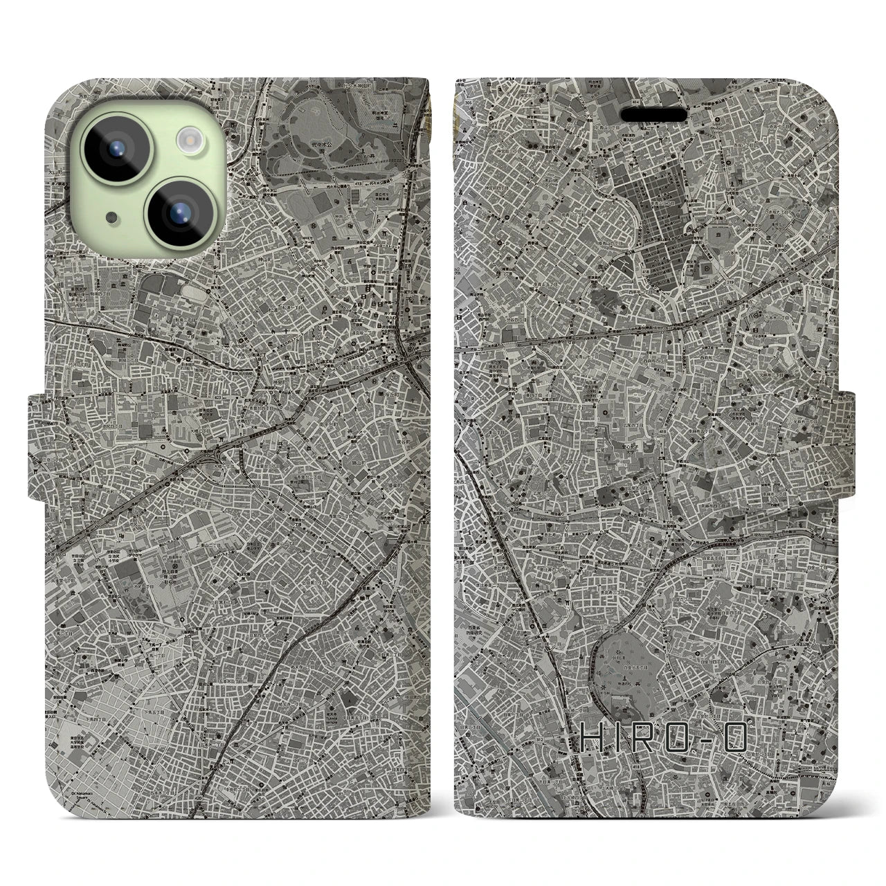 【広尾(東京都)】地図柄iPhoneケース(手帳タイプ)モノトーン・iPhone 15 用