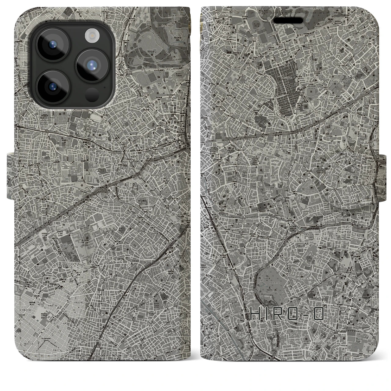 【広尾(東京都)】地図柄iPhoneケース(手帳タイプ)モノトーン・iPhone 15 Pro Max 用